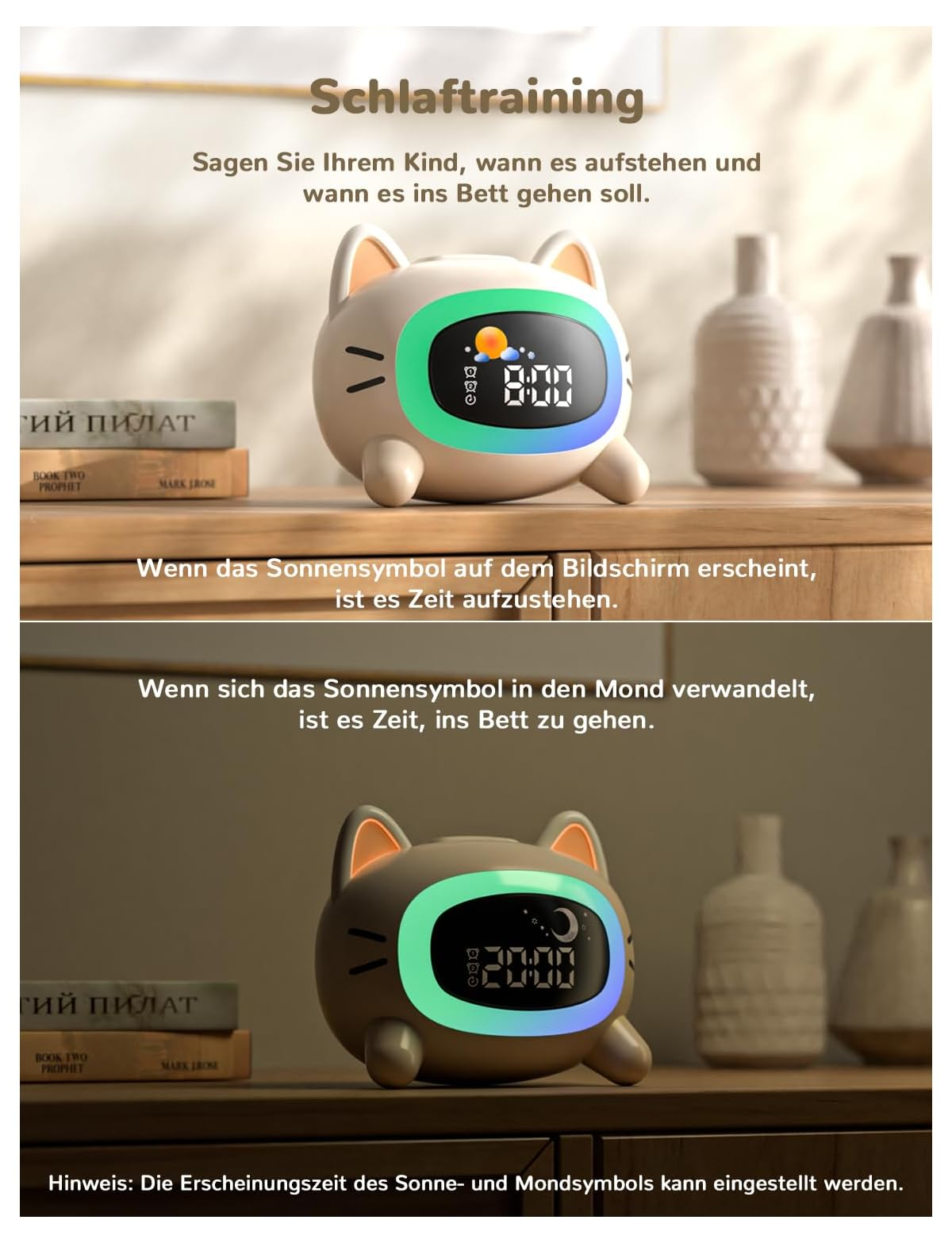 Ein Katzenwecker zeigt die Zeit 8:00 mit Sonnensymbol an. Ein Buch liegt daneben.