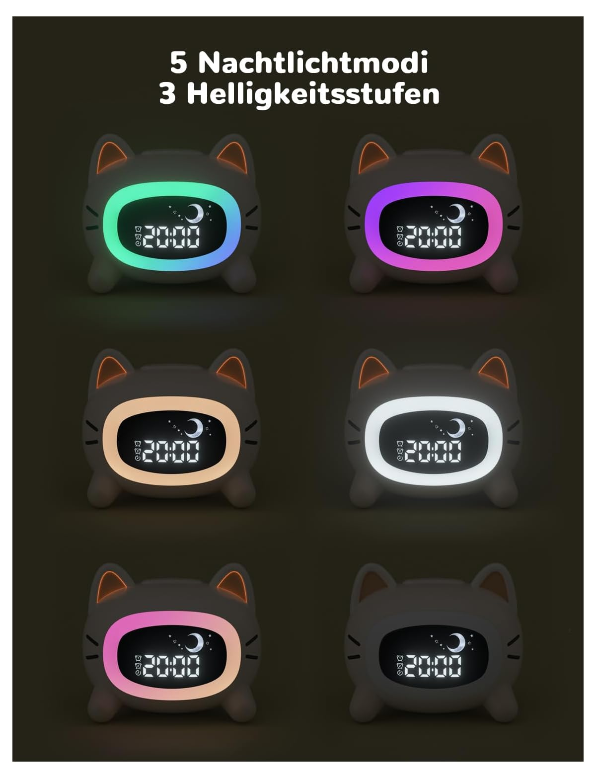 Sechs katzenförmige Nachtlichtuhren zeigen 20:00 mit unterschiedlichen Lichtfarben.