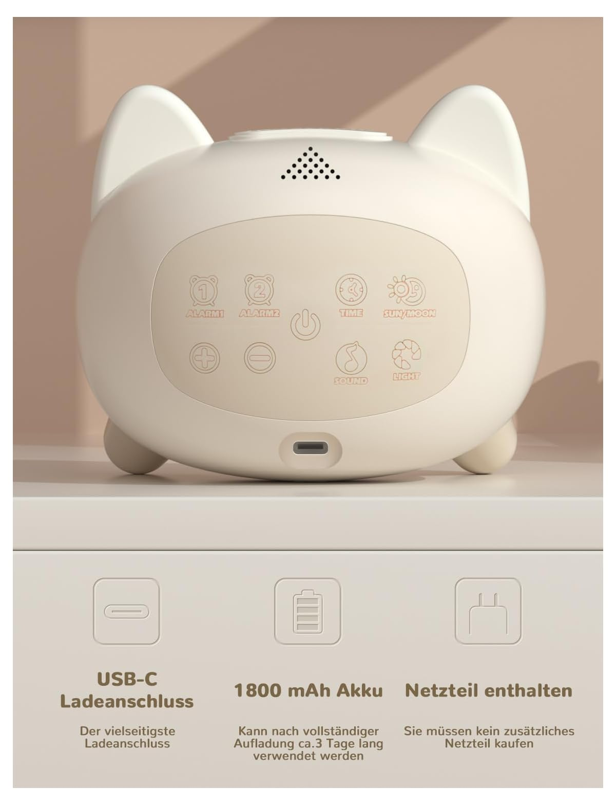 Ein beigefarbener Wecker in Katzenform mit Symbolen für Alarm, Zeit, Sound und Licht.