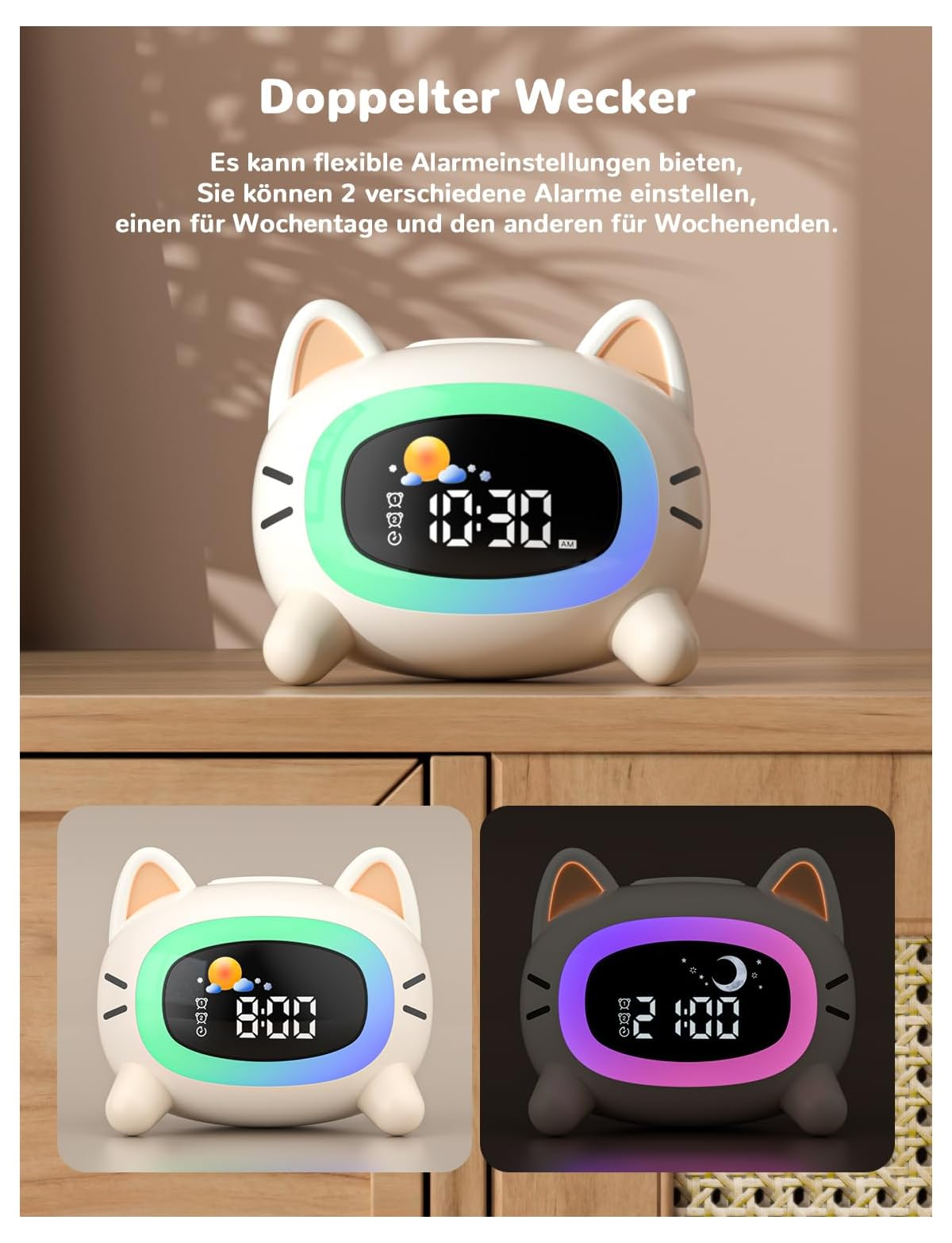 Ein weißer Katze-Wecker mit beleuchtetem Display zeigt 10:30 AM an.