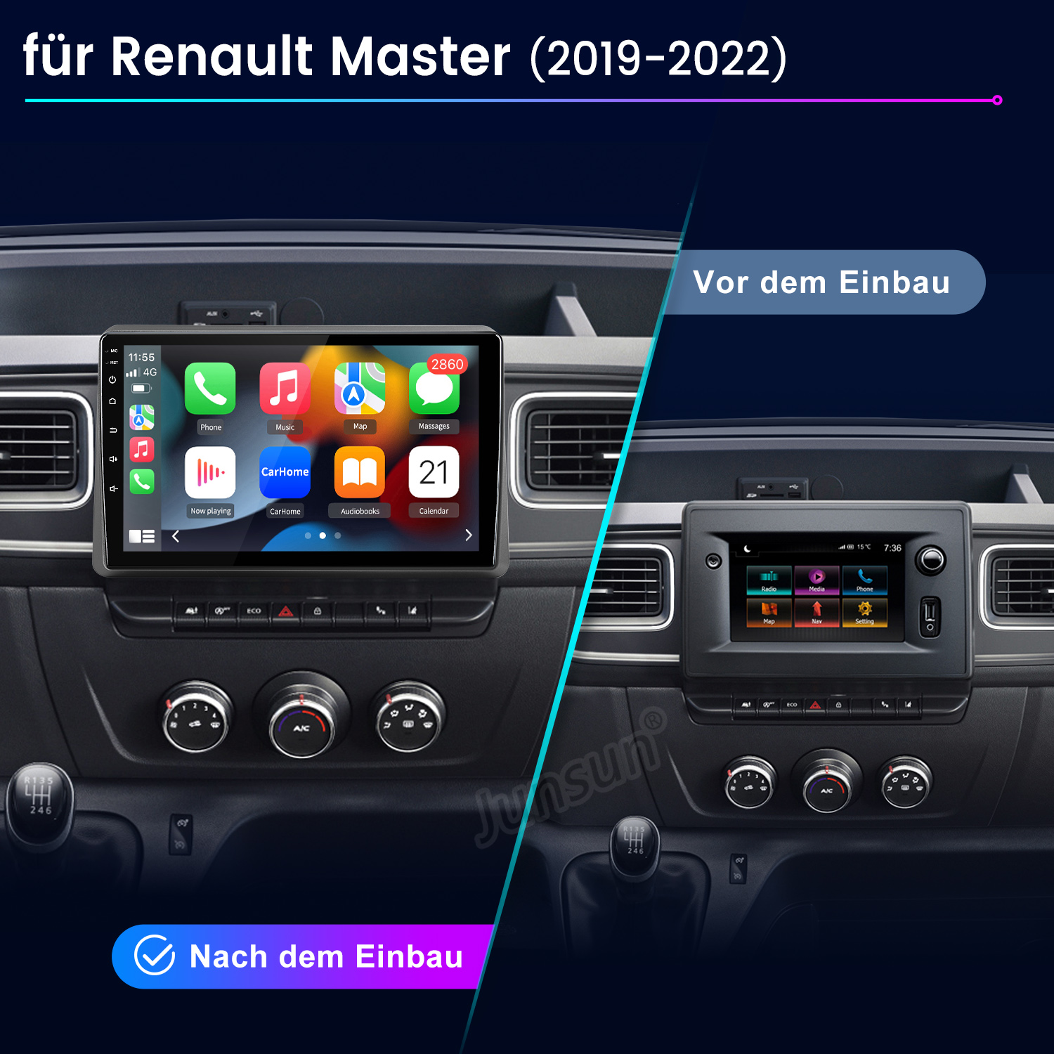Vergleich zweier Autoradios für Renault Master: Vor und nach dem Einbau.