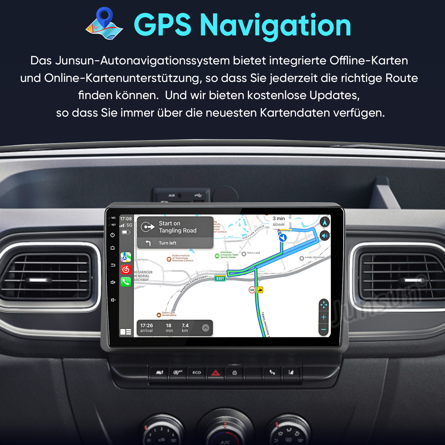 Ein Auto-Navigationssystem zeigt eine Straßenkarte mit Routenführung auf dem Bildschirm.