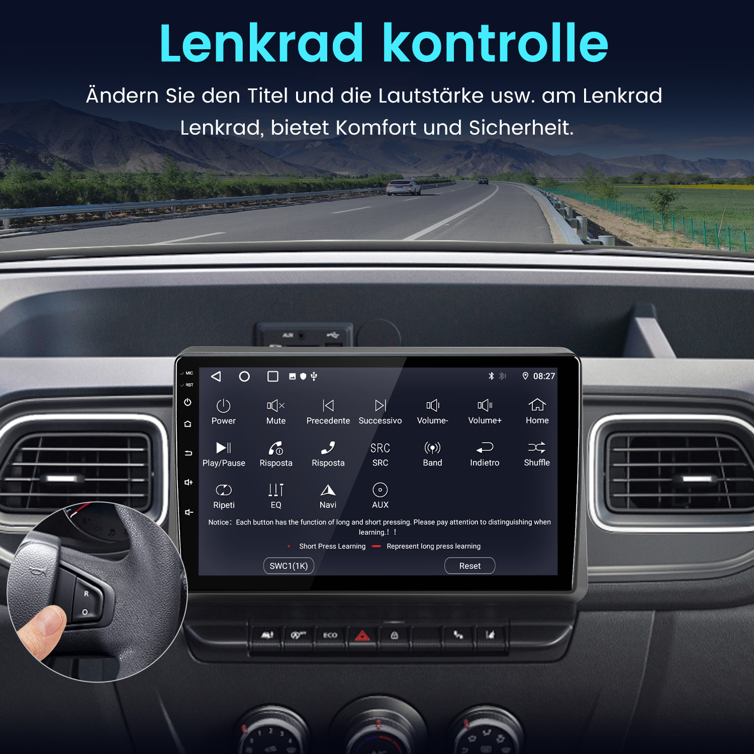 Das Bild zeigt ein Auto-Infotainmentsystem mit Lenkradsteuerung und Straßenszene.