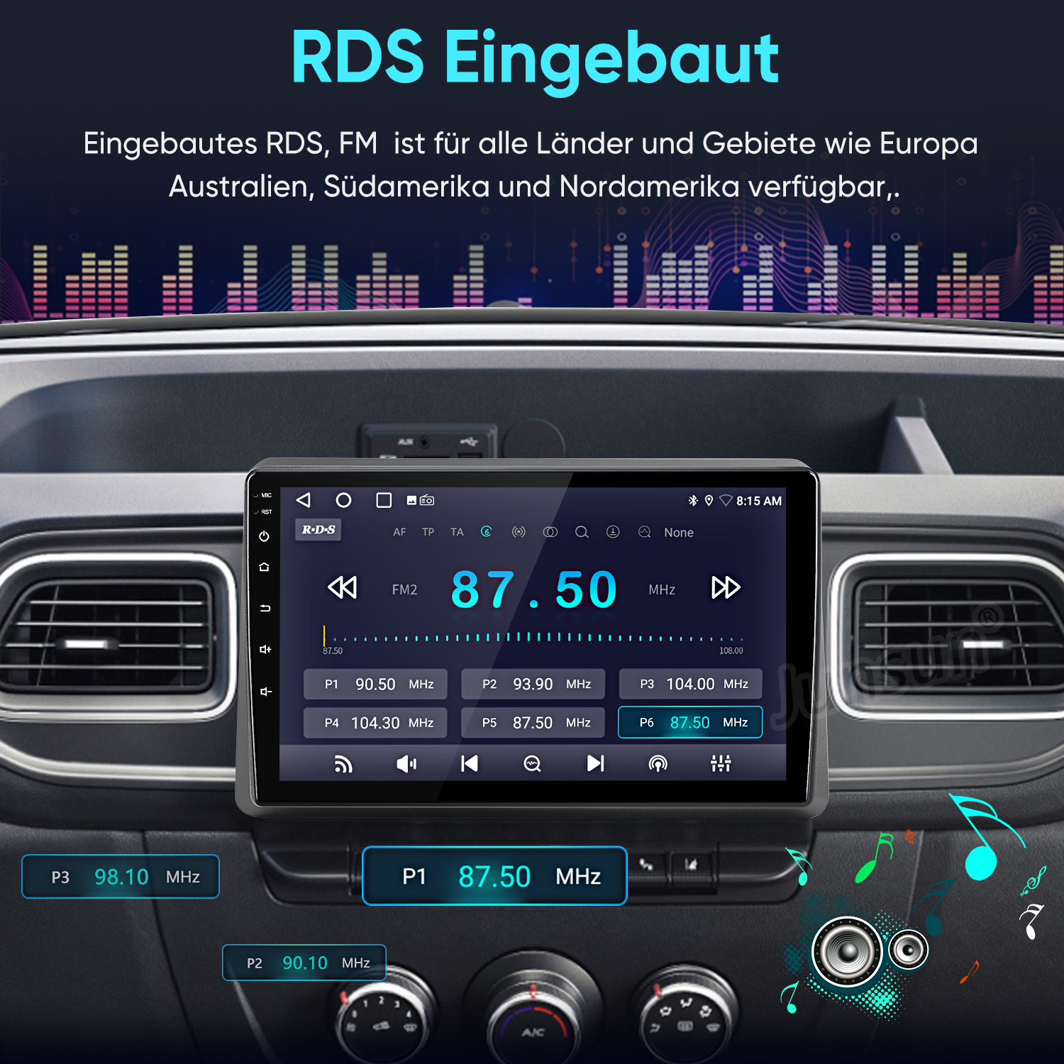 Armaturenbrett mit Autoradio-Bildschirm, das RDS und FM-Frequenzen anzeigt.