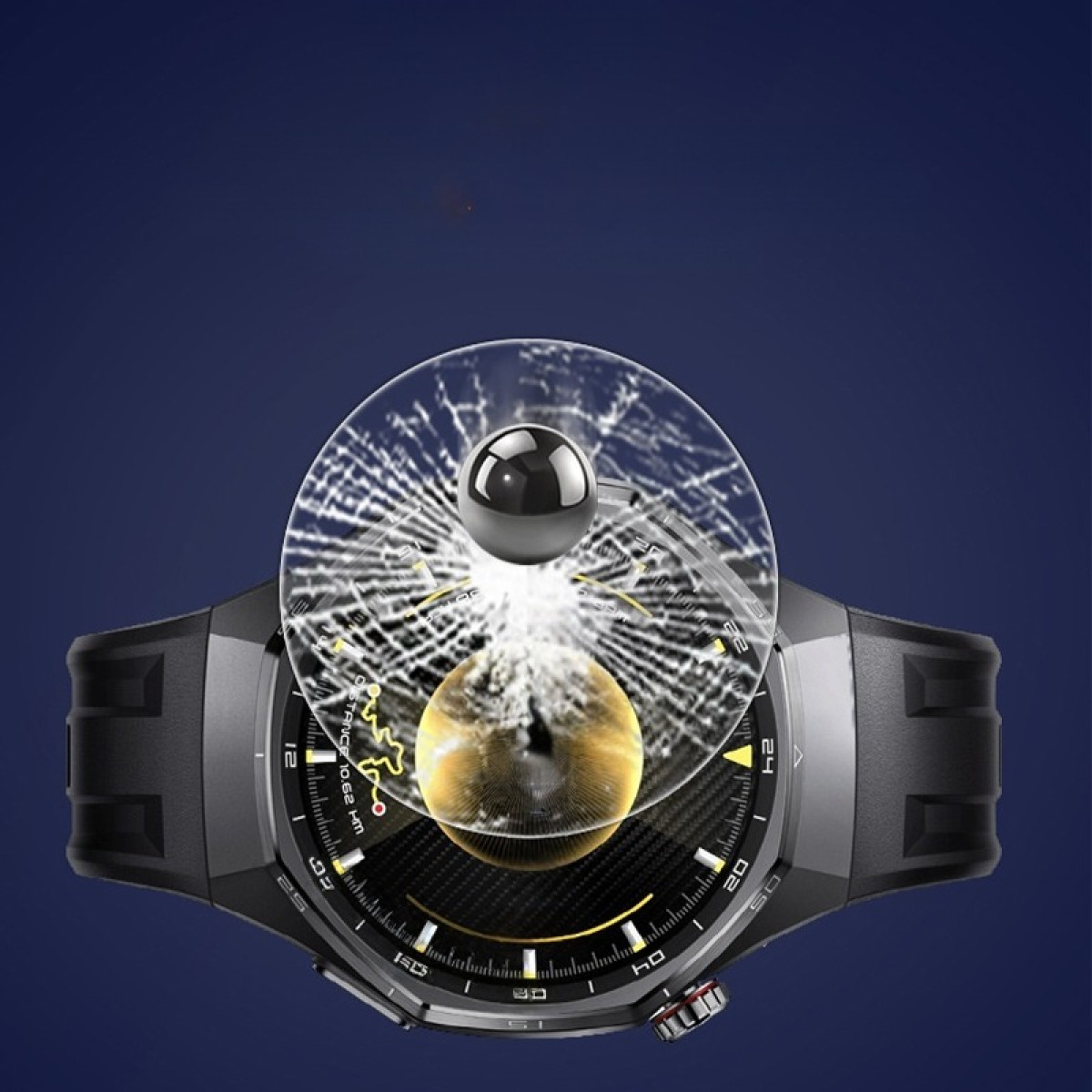 Eine zerbrochene Glasabdeckung mit einer Kugel auf einer Smartwatch.