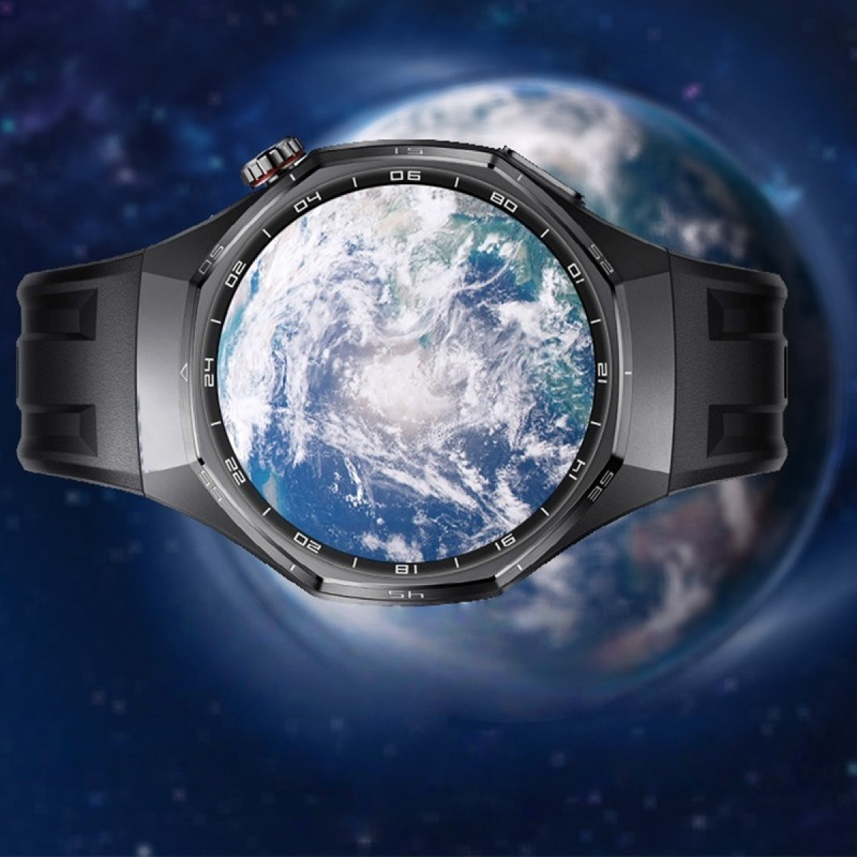 Eine Smartwatch zeigt die Erde auf ihrem Bildschirm, vor einem sternenklaren, tiefblauen Hintergrund.