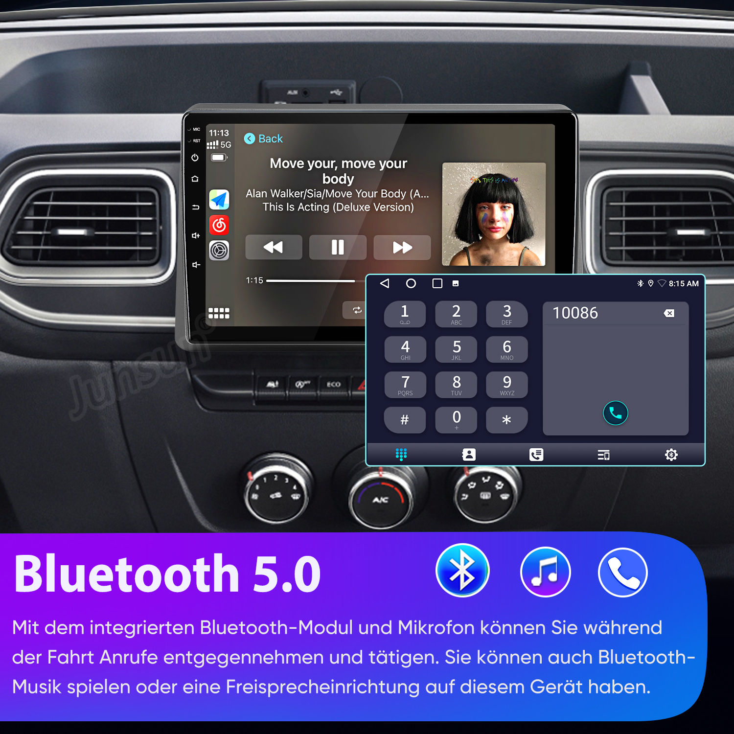 Ein Auto-Infotainmentsystem mit Musikwiedergabe und Telefonie-Schnittstelle.