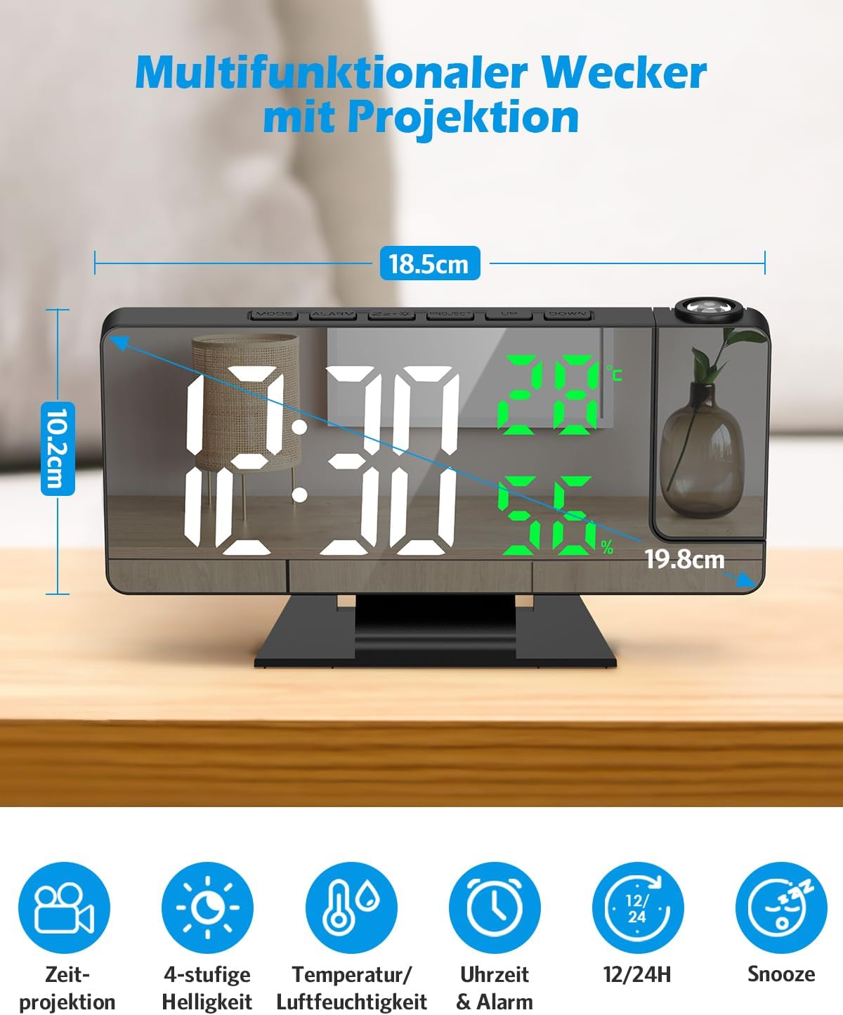 Digitaler Wecker mit Projektion zeigt Uhrzeit 12:30, Temperatur 28°C und Luftfeuchtigkeit 55%.