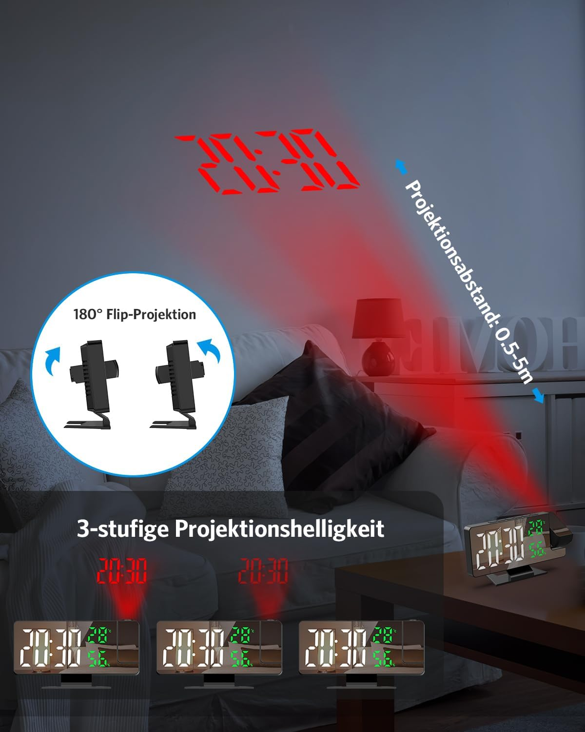 Digitaluhr mit roter Zeitprojektion an Wand und 3 Helligkeitsstufen.