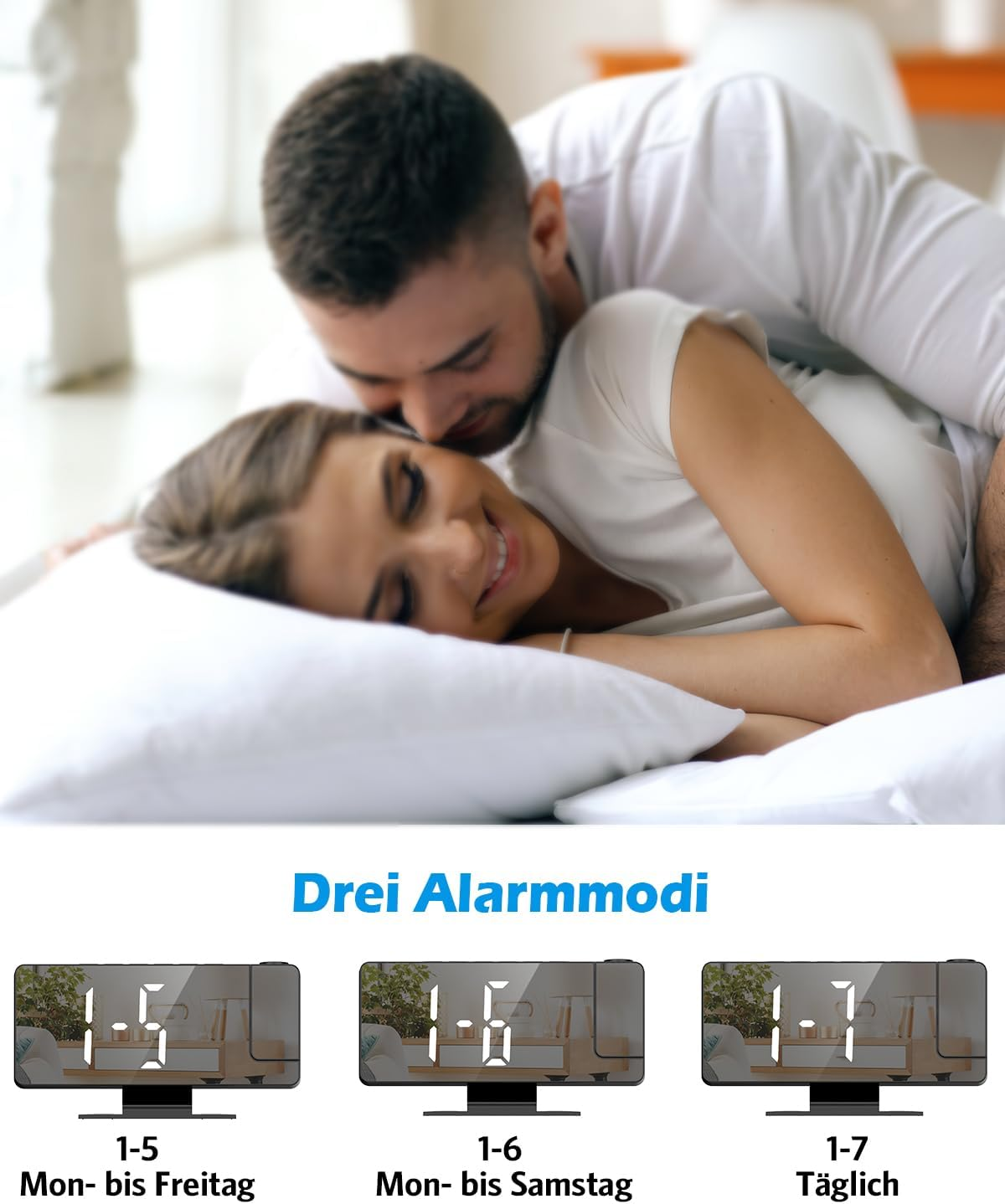 Ein Mann küsst eine Frau im Bett. Drei digitale Wecker werden gezeigt.