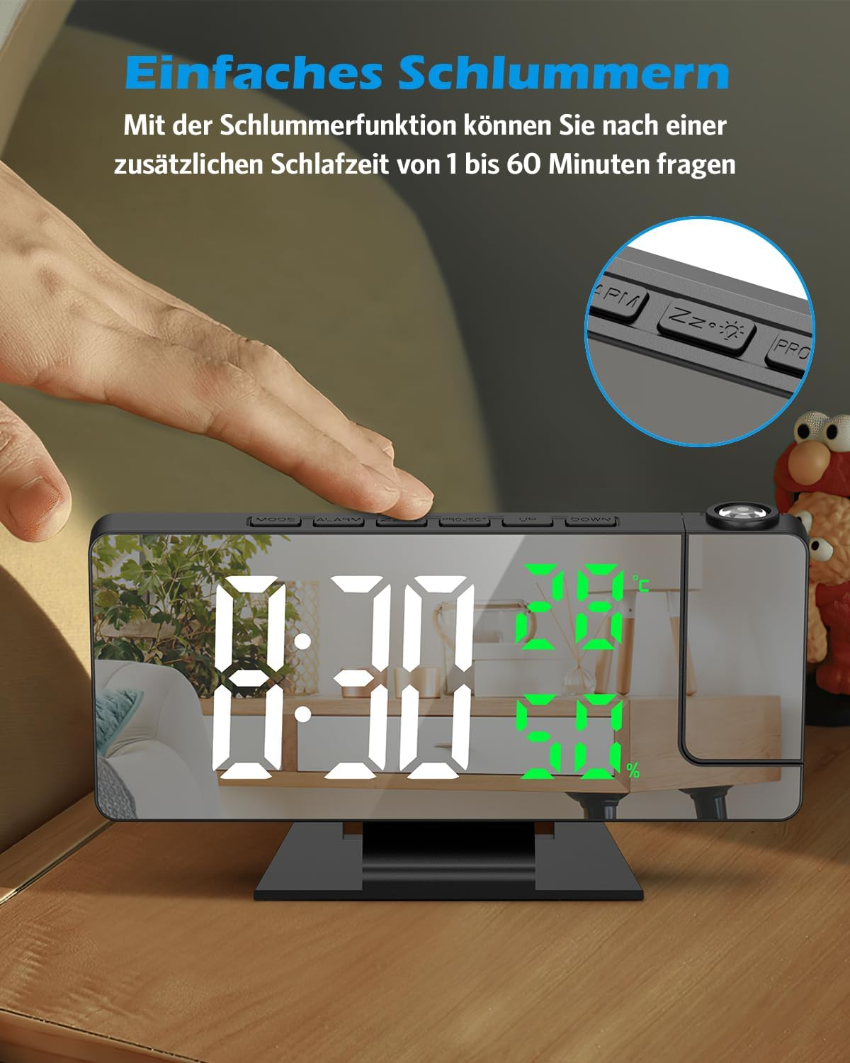 Digitaluhr mit Snooze-Funktion, zeigt 8:30 Uhr, 28°C und 50% an.