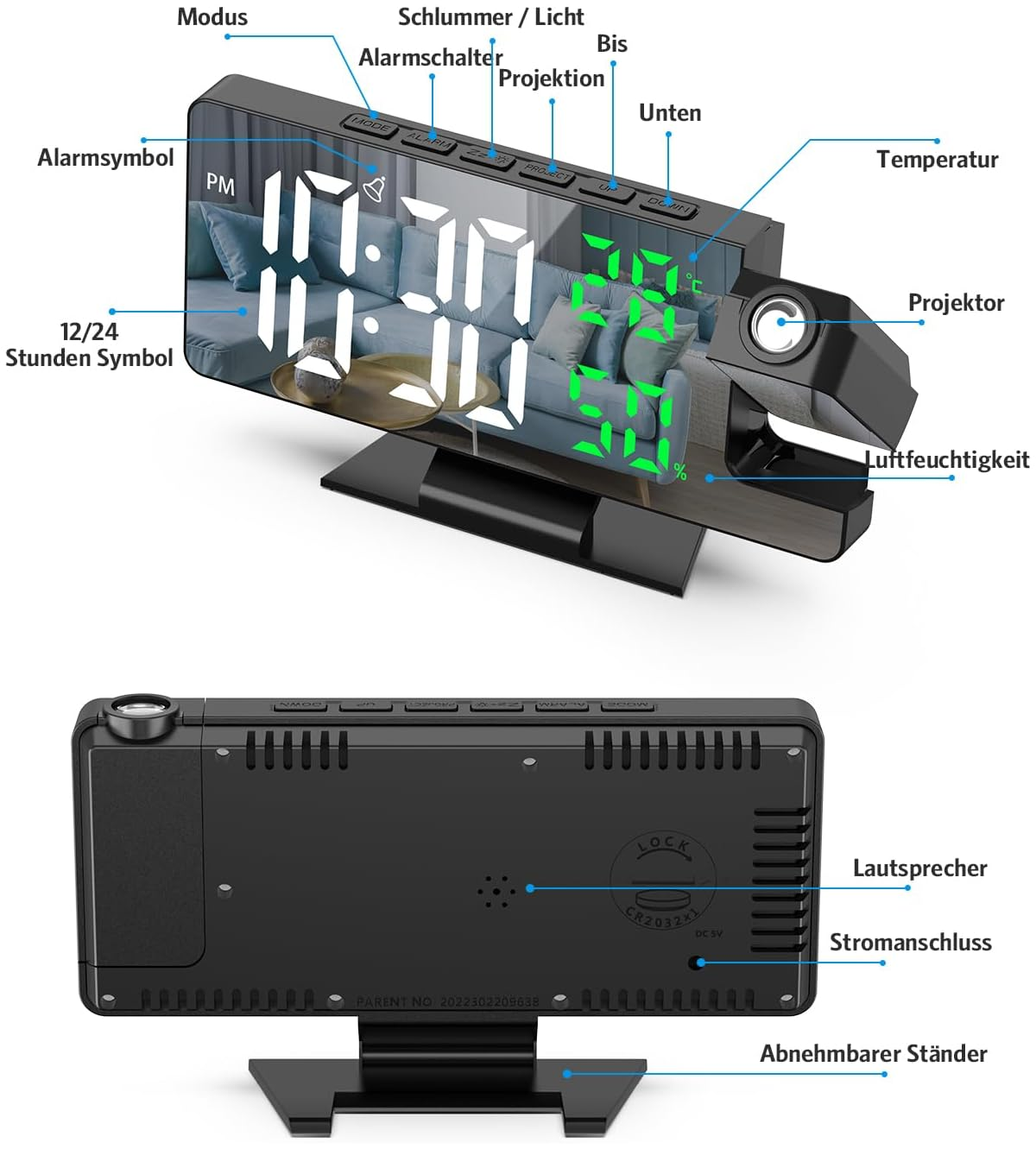 Digitaluhr mit Projektor, beleuchtetem Display und Bedienelementen.