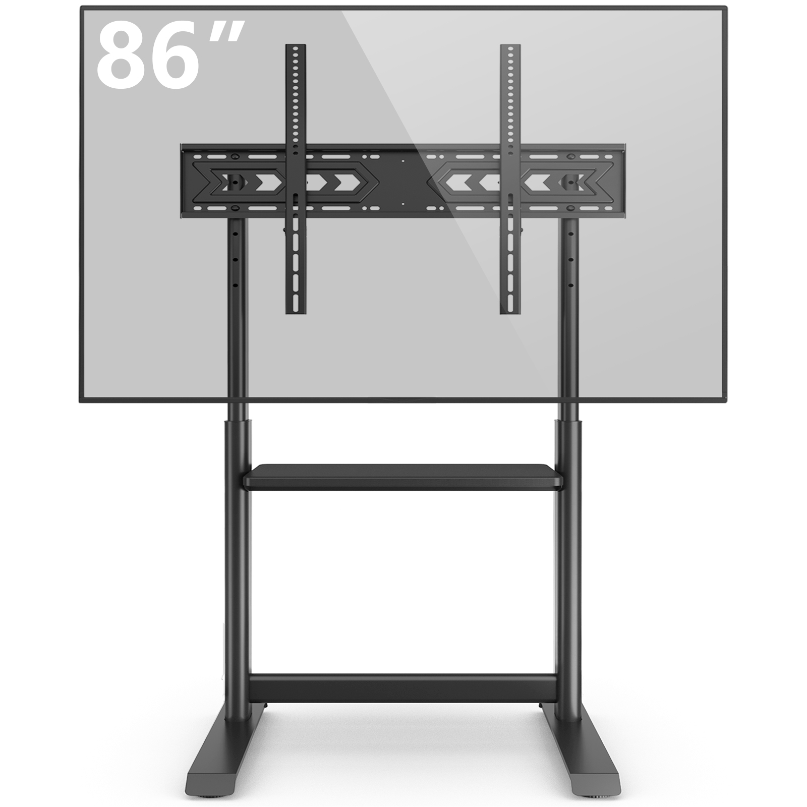 Ein freistehender 86-Zoll-TV-Ständer mit schwarzem Metallrahmen und Ablage.