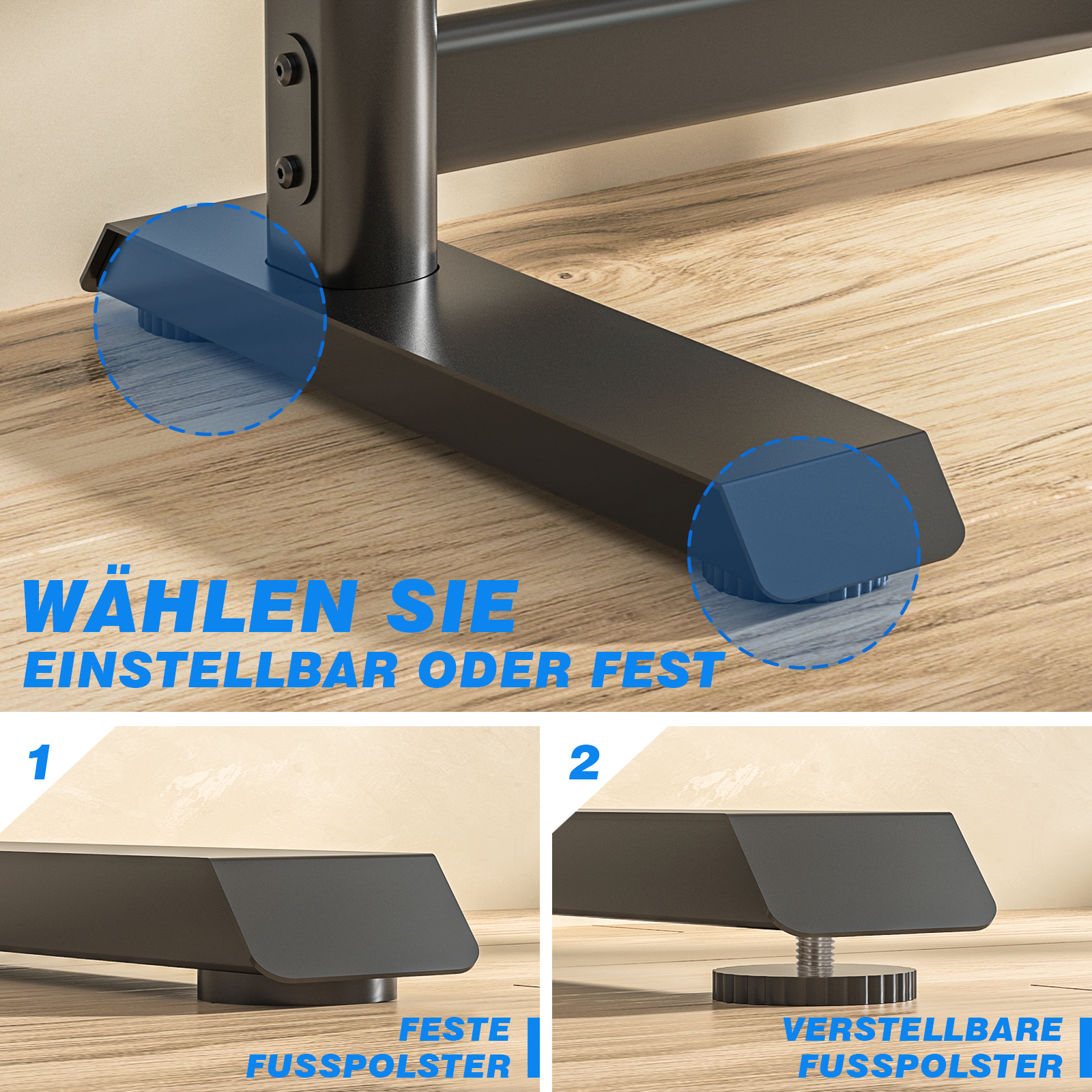 Ein schwarzer Sockel mit zwei Optionen: feste oder verstellbare Fußpolster.