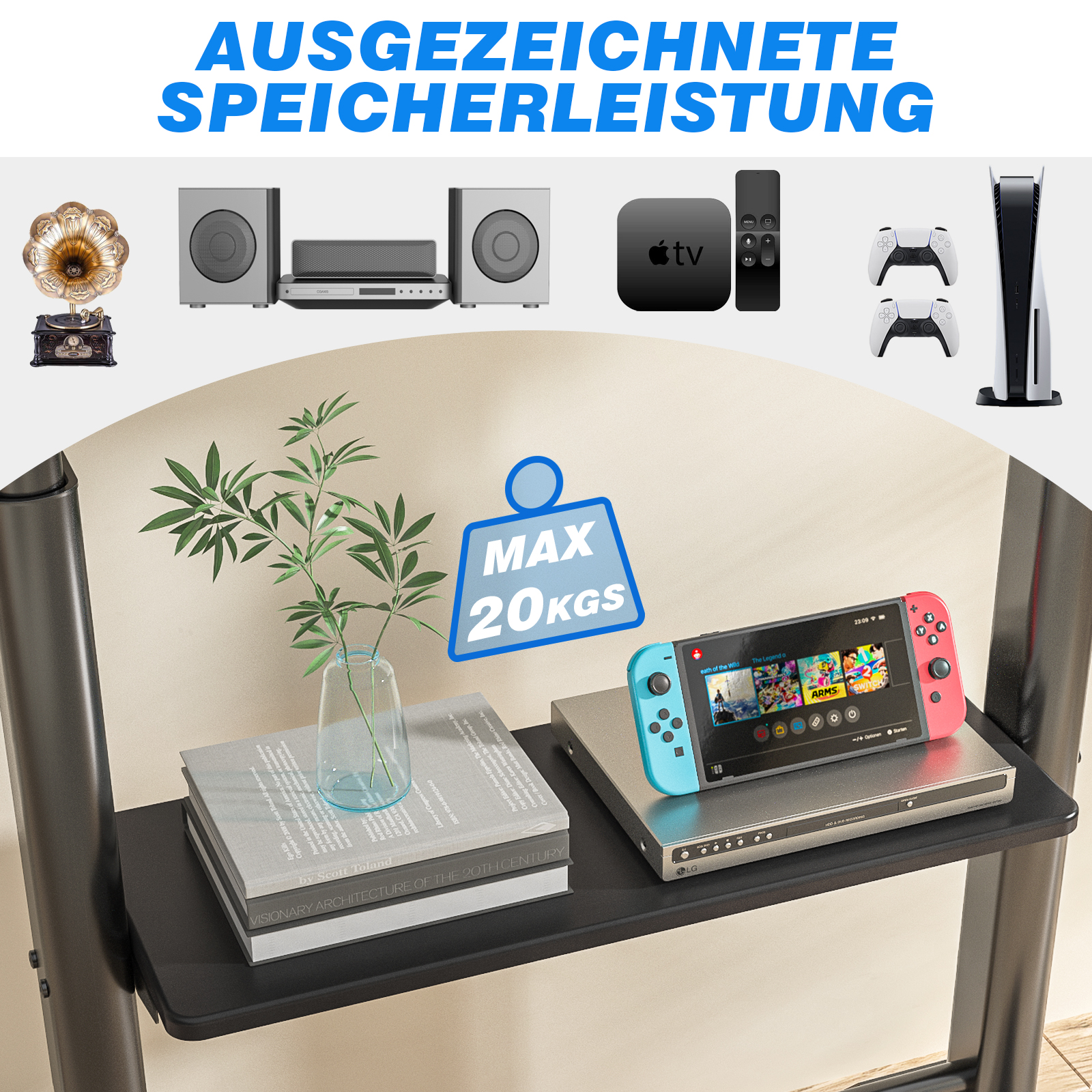 Ein Plattenspieler, Lautsprecher, Apple TV, Controller und PS5 auf einem Regal.
