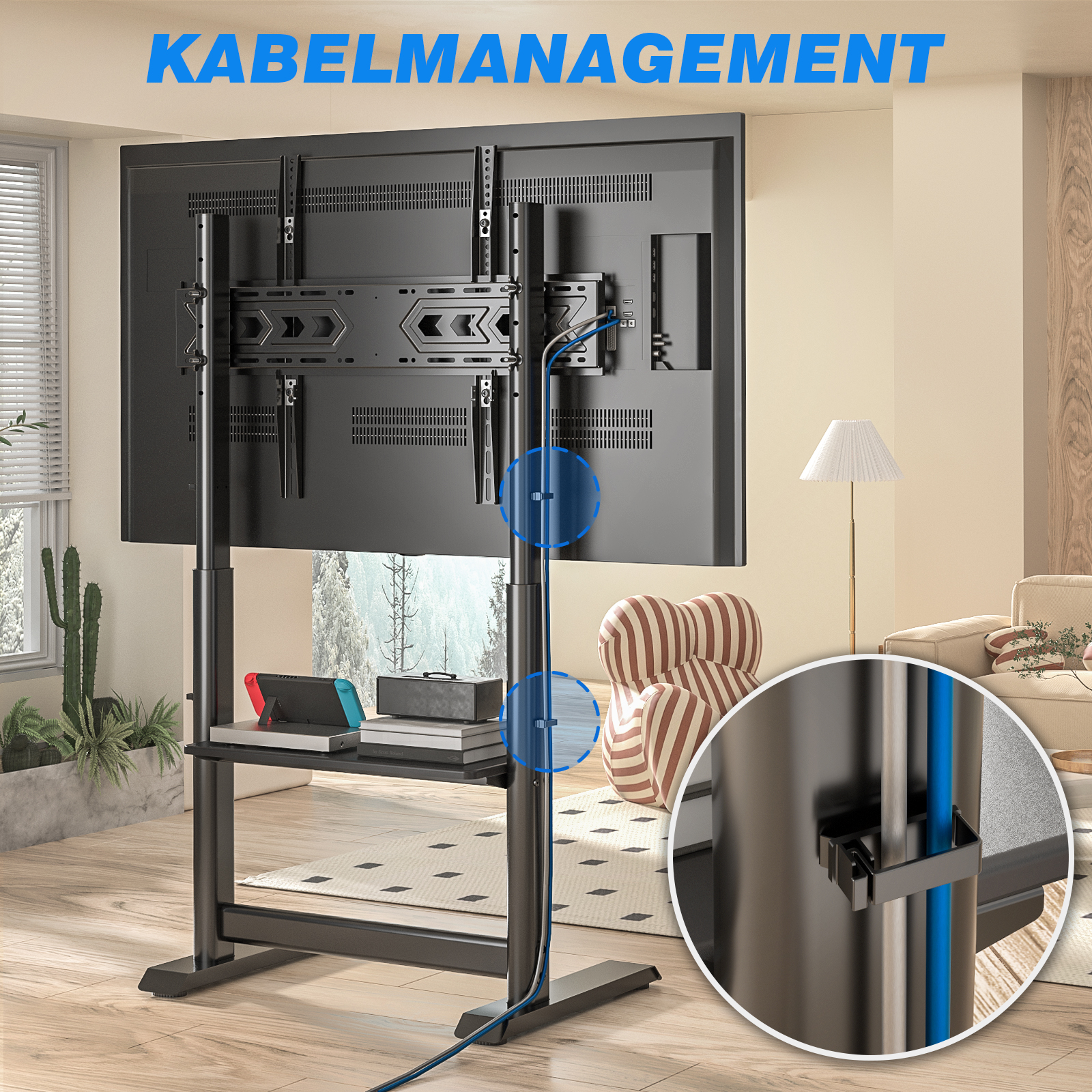 Ein TV-Ständer mit Kabelmanagement in einem Wohnzimmer mit Pflanzen und Möbeln.