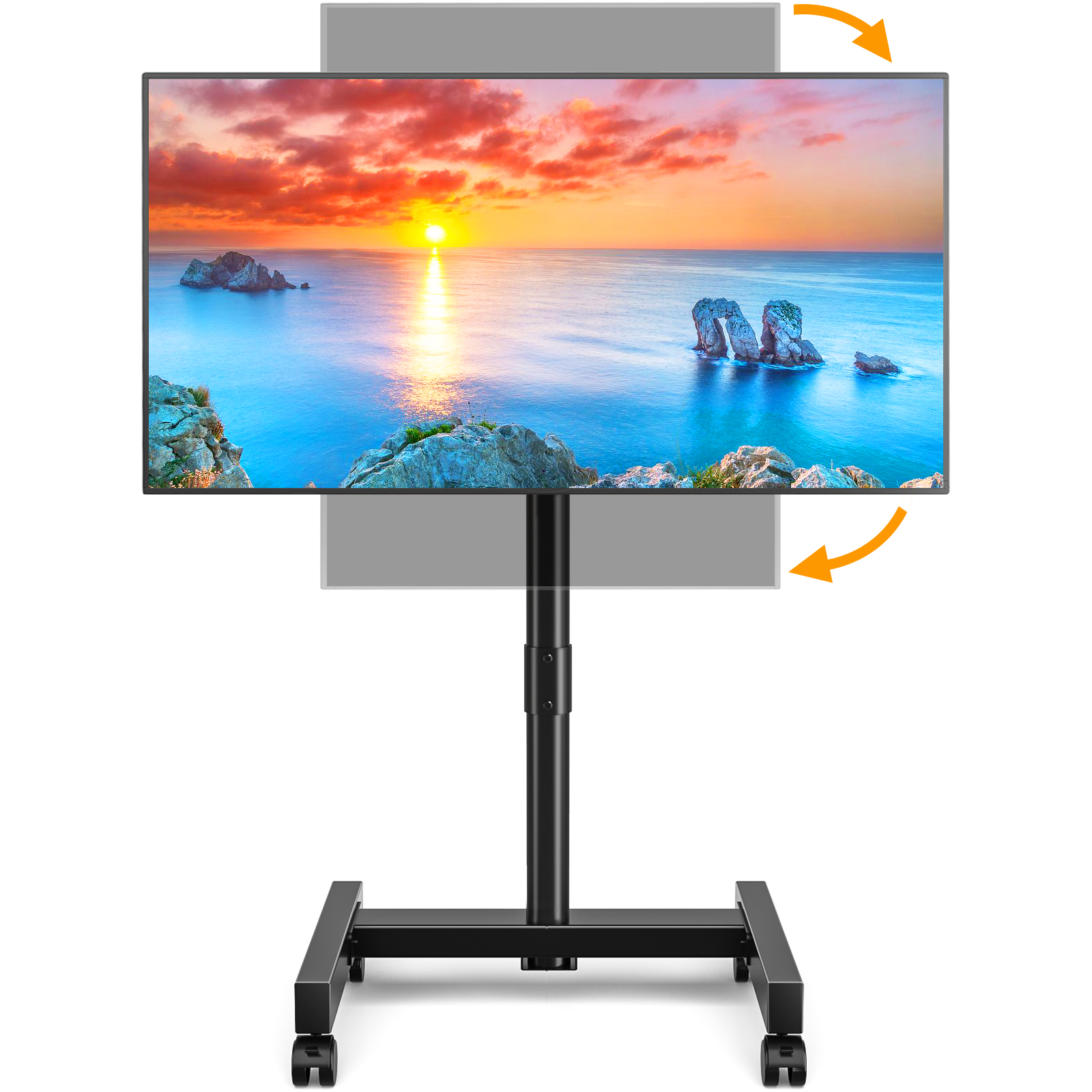 Ein schwarzer TV-Ständer auf Rädern zeigt einen lebendigen Sonnenuntergang über einem felsigen Ozean.