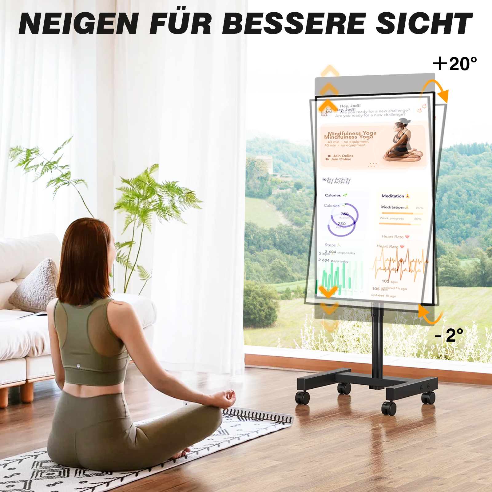 Frau in Sportkleidung meditiert vor einem Bildschirm mit Fitness-Daten.