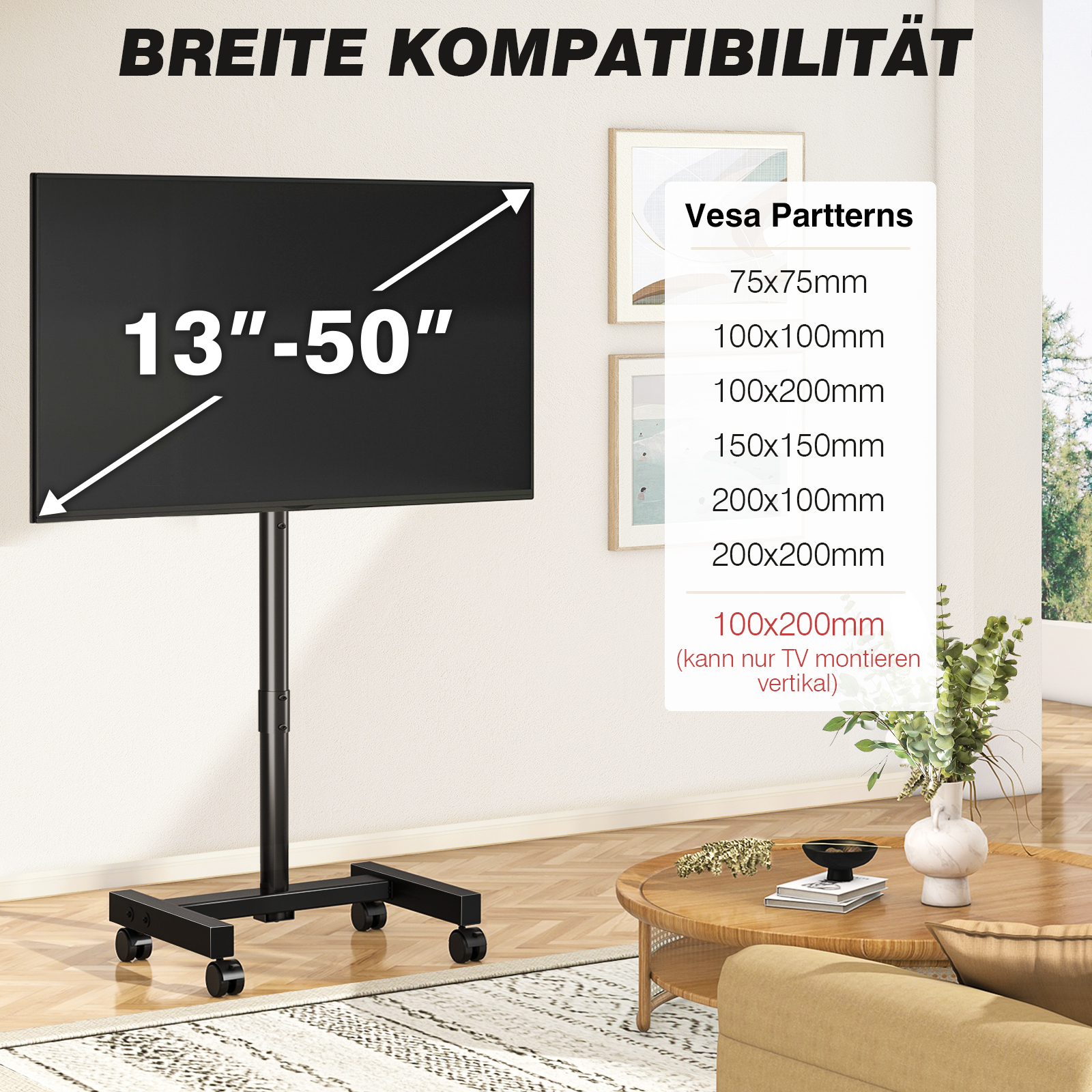 Ein schwarzer TV-Ständer für 13-50 Zoll TVs mit VESA-Mustern.