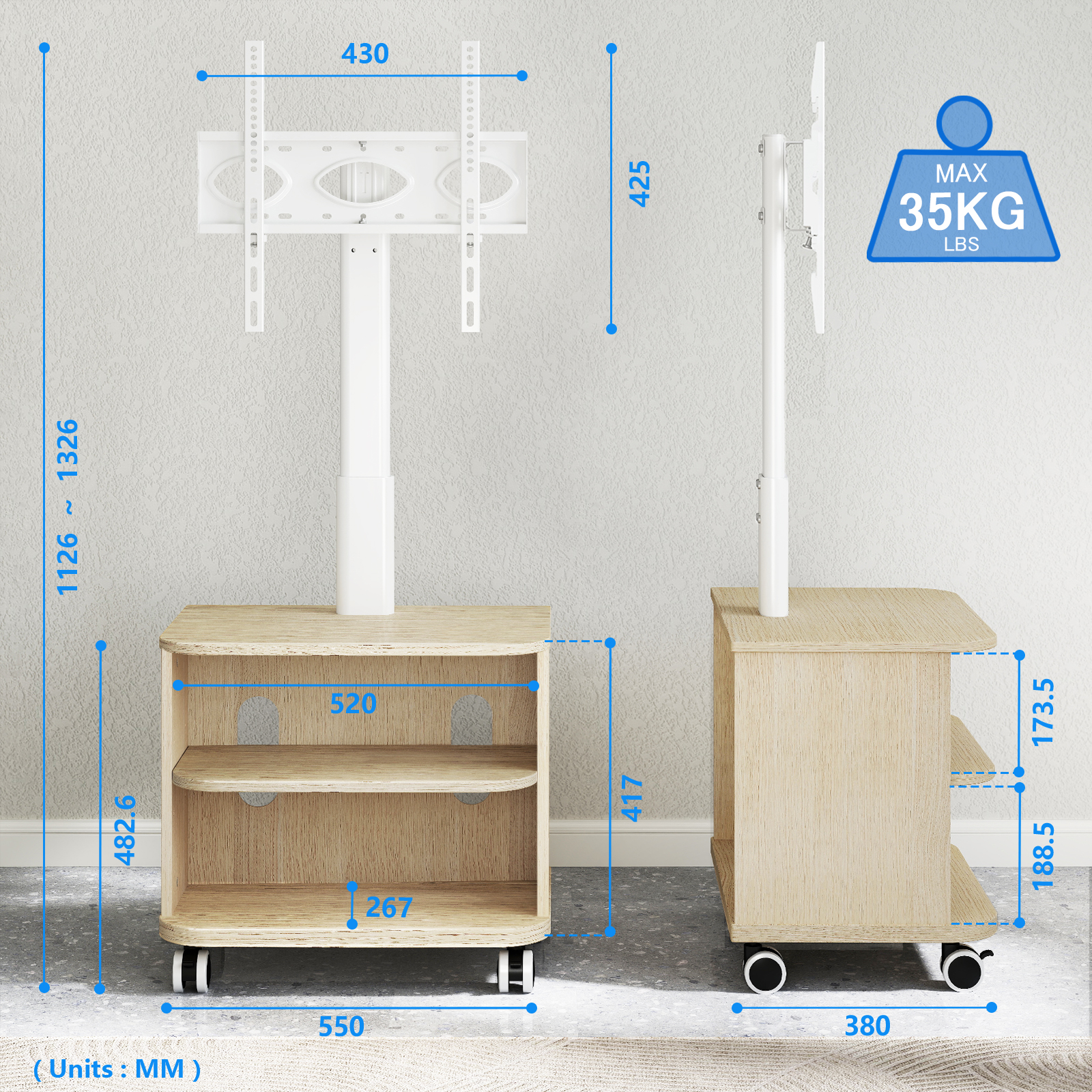 Ein mobiler TV-Ständer mit Maßen, max. 35 kg Tragfähigkeit.
