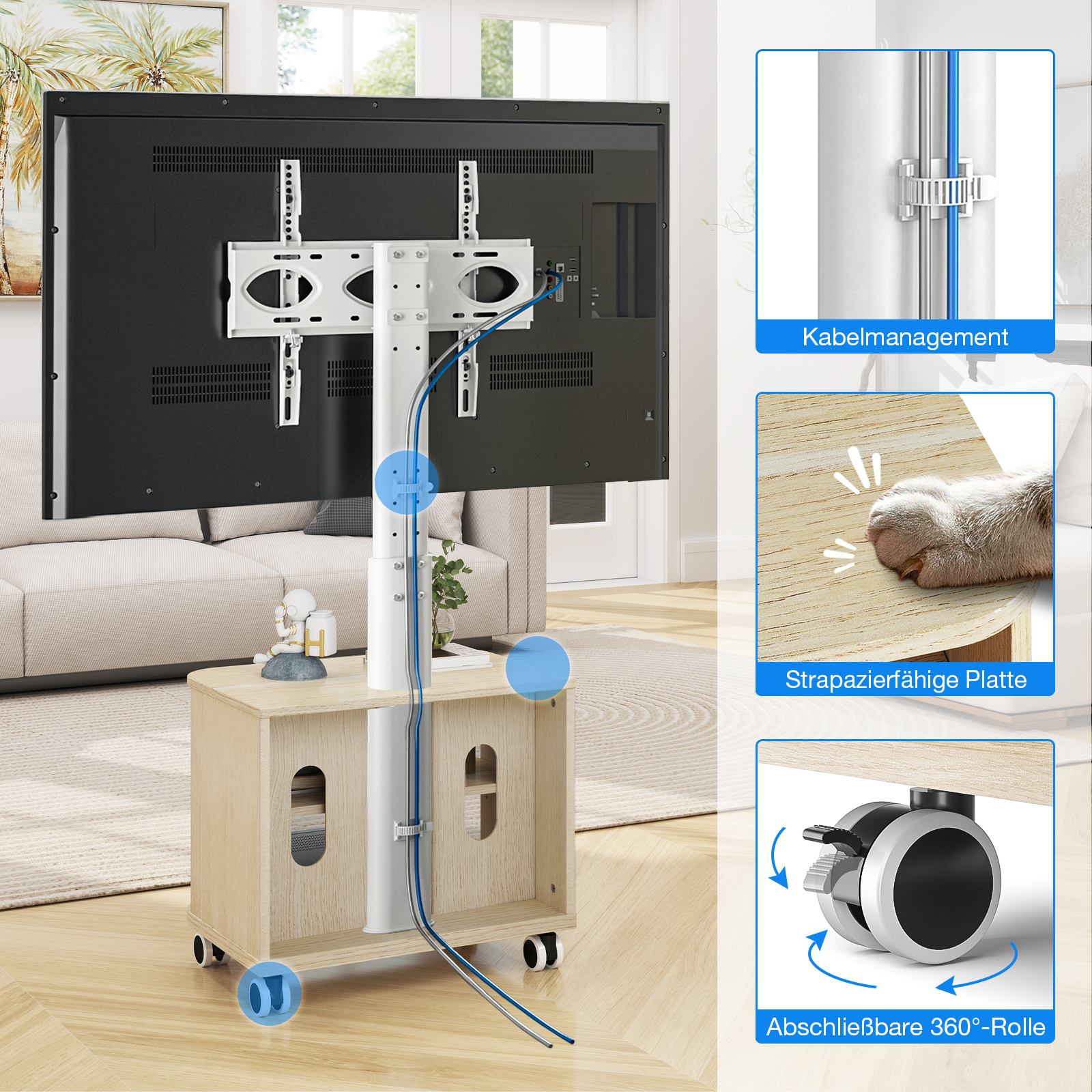 Ein TV-Ständer mit Kabelmanagement, strapazierfähiger Platte und lenkbaren Rollen.