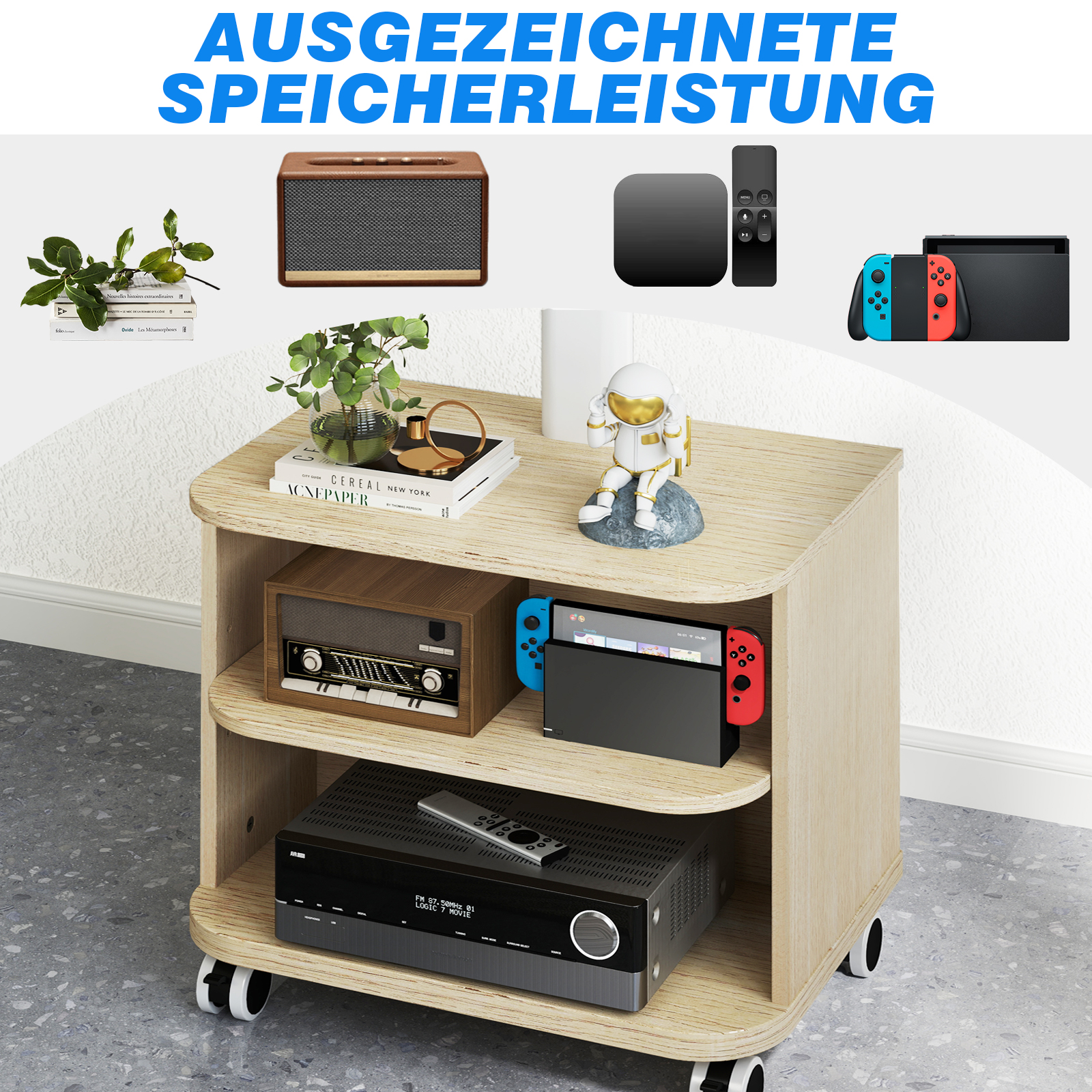 Holzrollwagen mit Unterhaltungselektronik: Radio, Konsole, Verstärker.