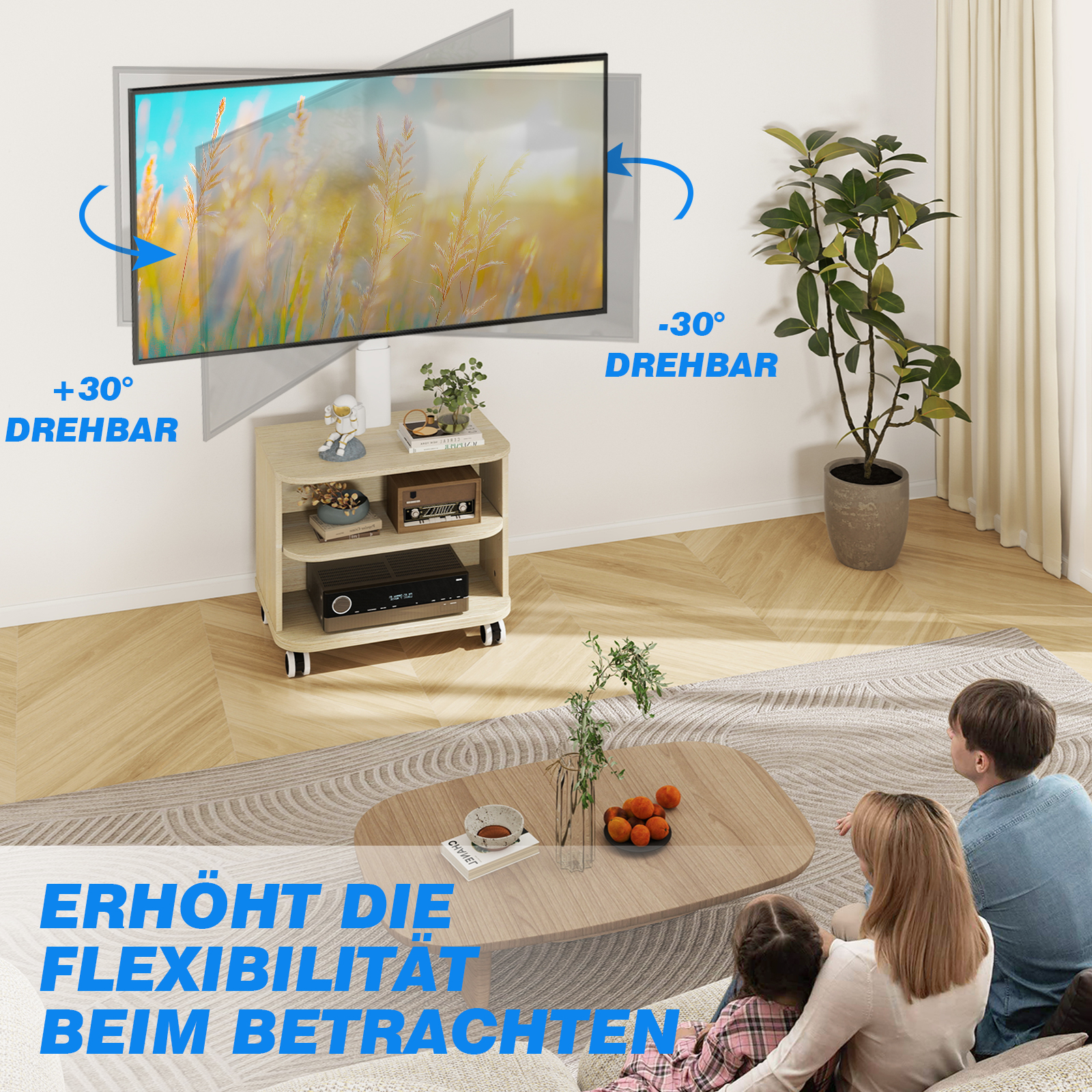 Ein Fernseher dreht sich um 30 Grad auf einem Ständer über einem Beistelltisch mit Deko.