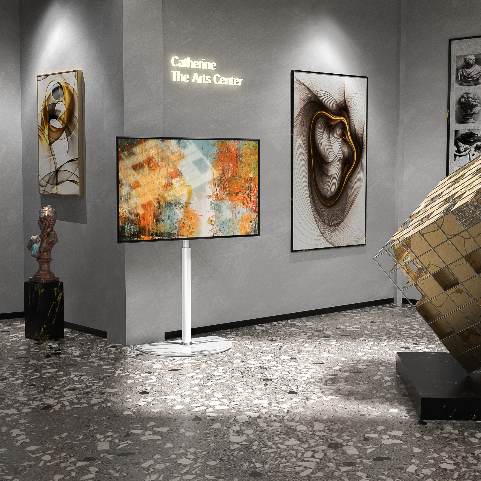Moderne Kunstgalerie mit abstrakter Malerei, Skulptur und einem Fernseher.
