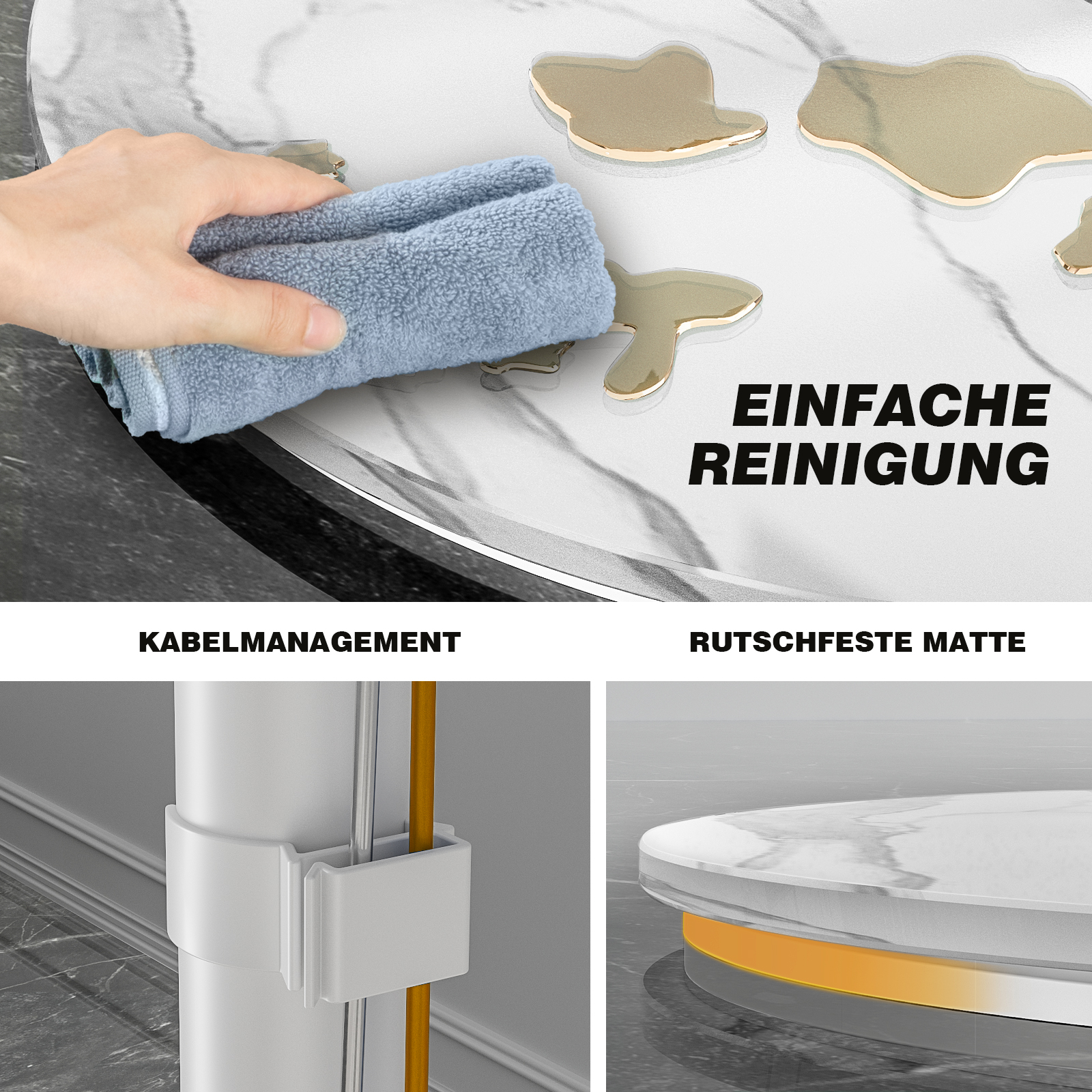Hand wischt Flüssigkeit von Marmoroberfläche, Kabelmanagement und rutschfeste Matte.