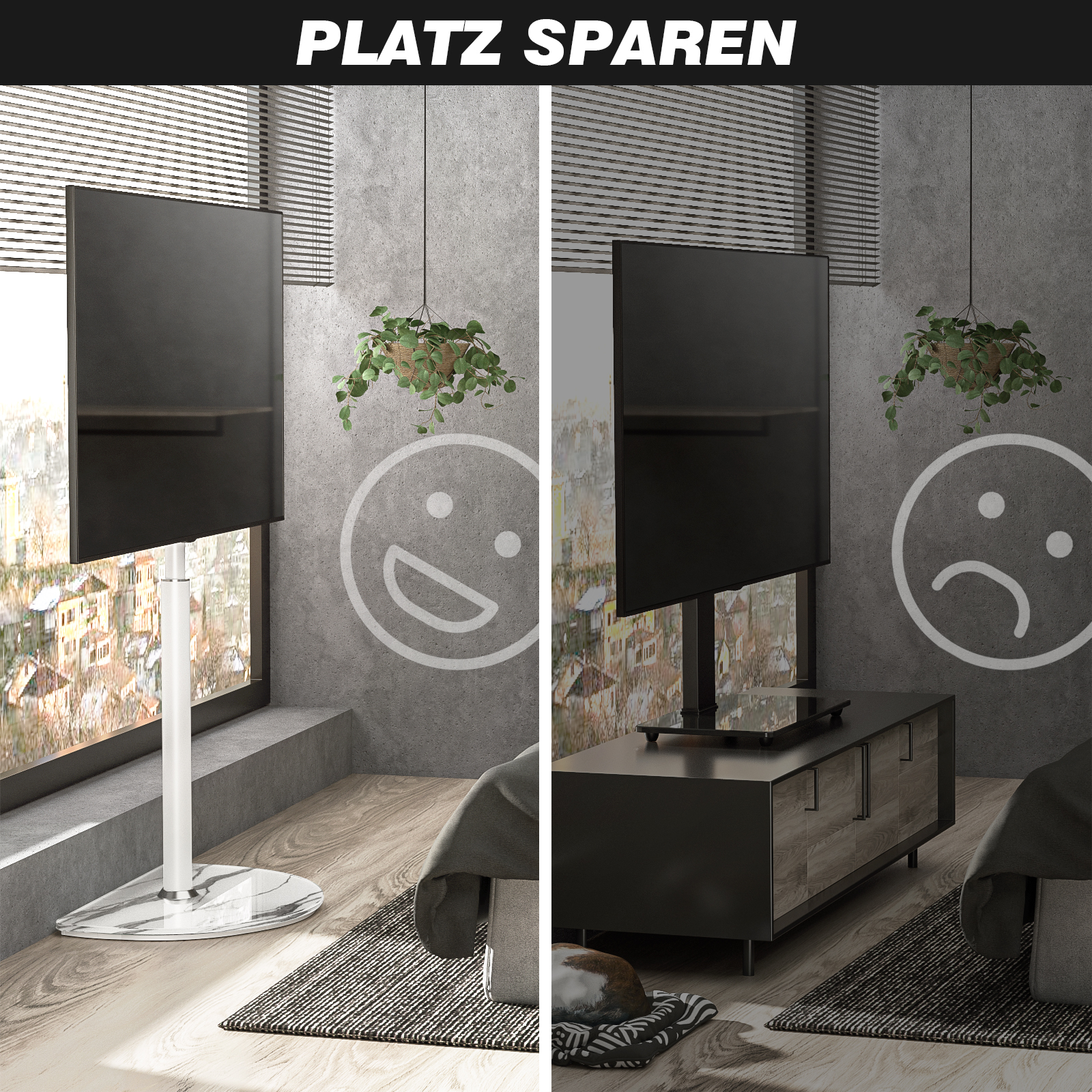 Links ein TV auf Standfuß, rechts auf einem Lowboard. Pflanzen und Smileys.