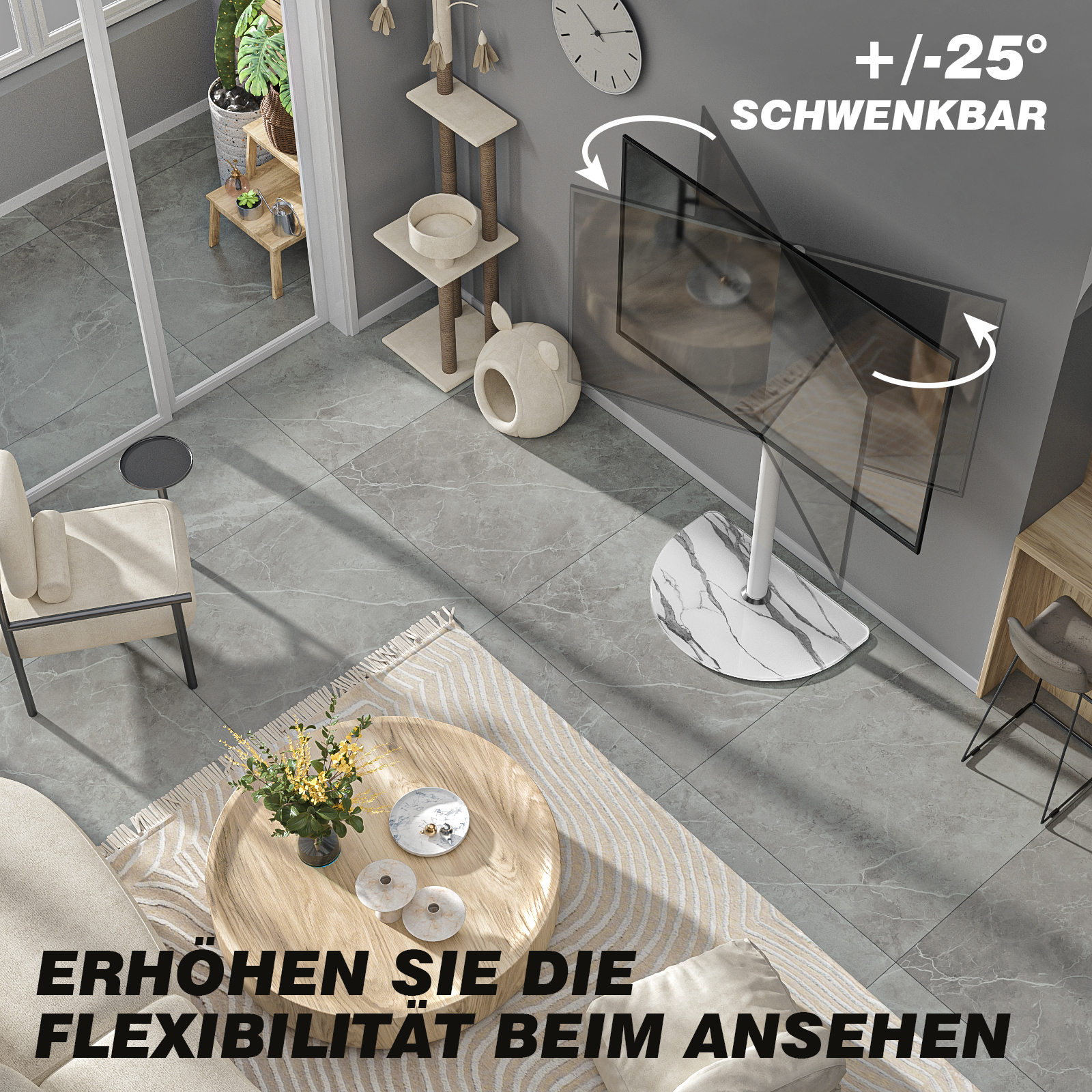Drehbarer TV-Ständer mit Marmorsockel neben einem Katzenbaum.