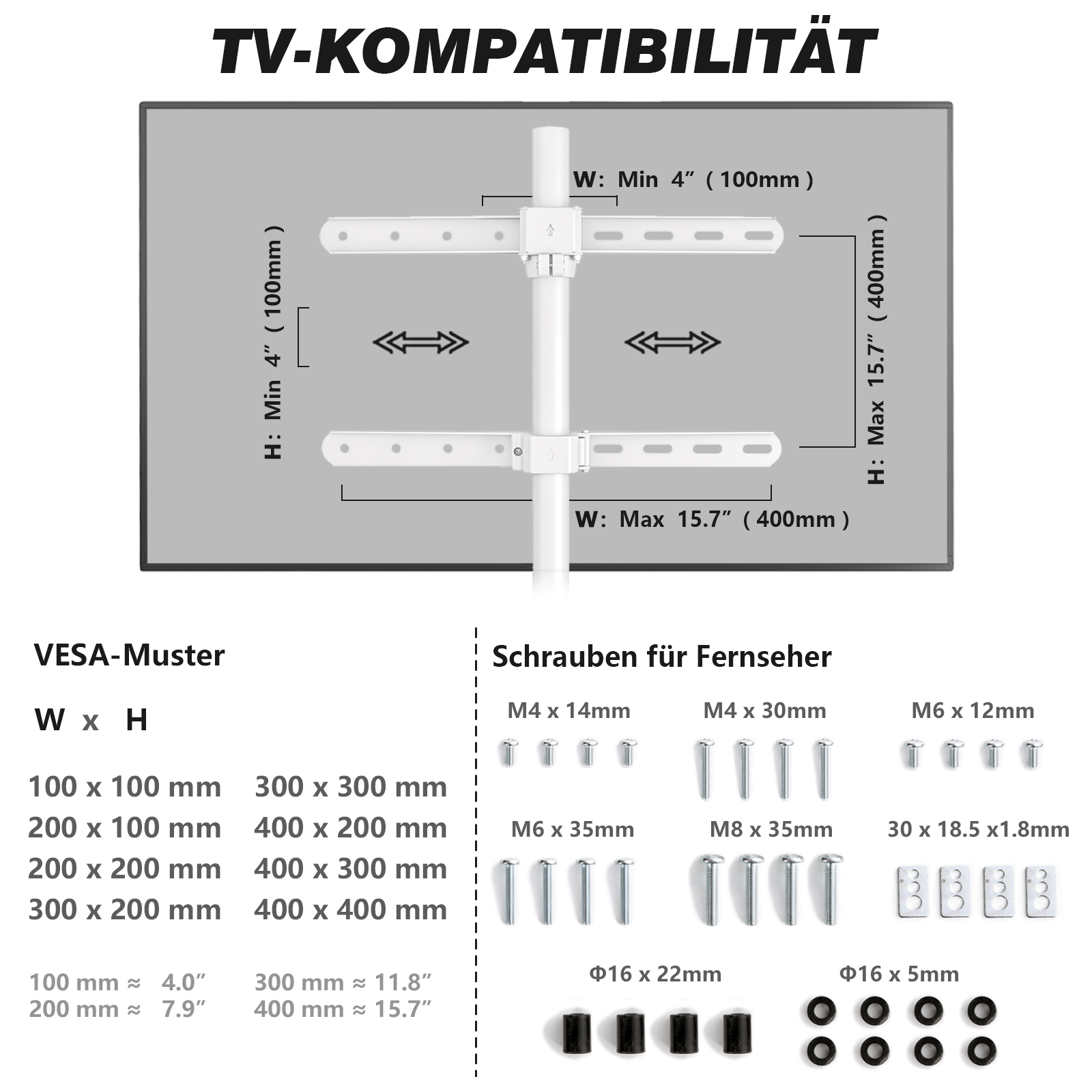 Diagramm zeigt TV-Kompatibilitätsmaße und Schraubengrößen.