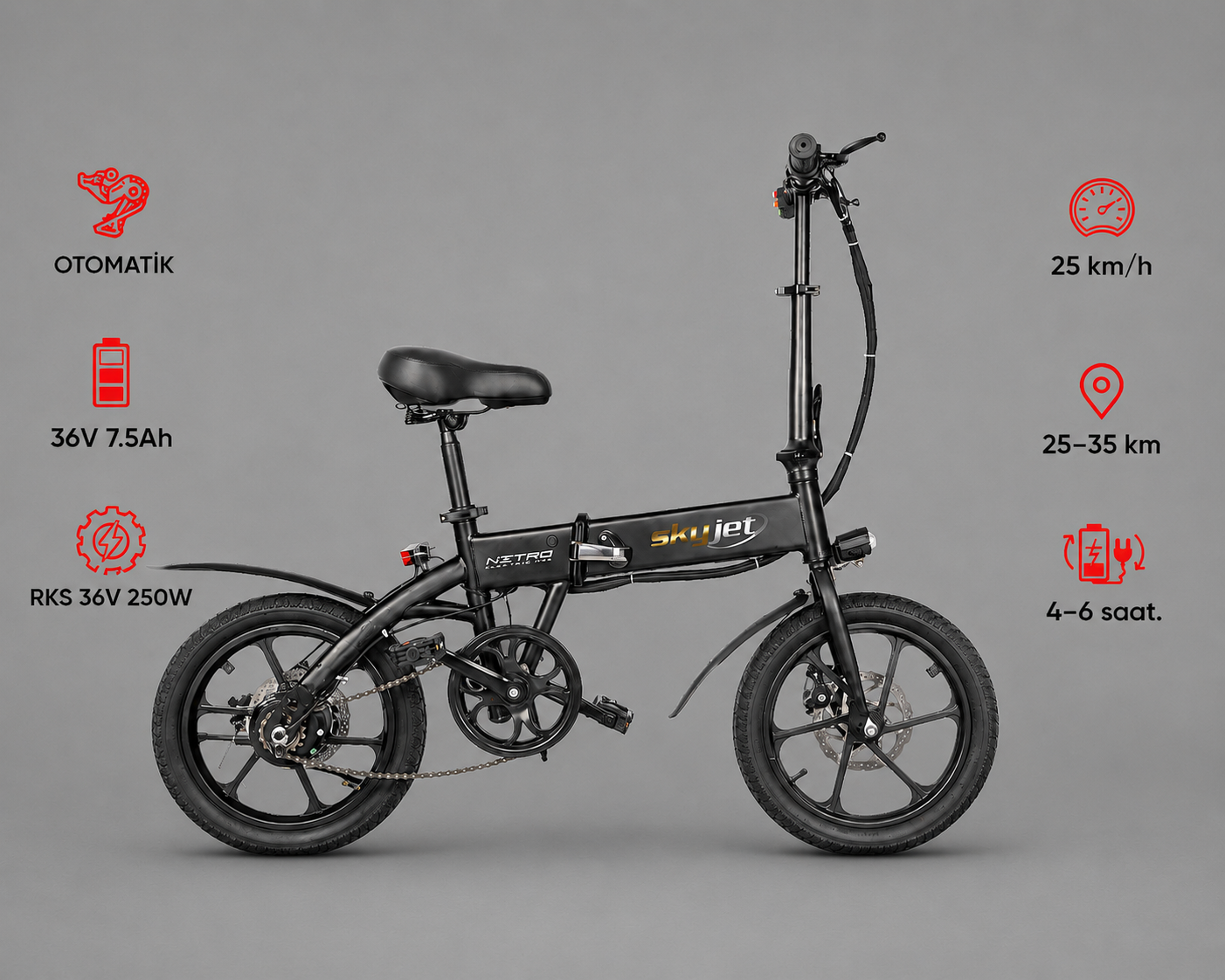 Teknik özelliklere sahip siyah katlanır e-bisiklet: 25 km/s, 25-35 km menzil, 36V 7.5Ah pil.