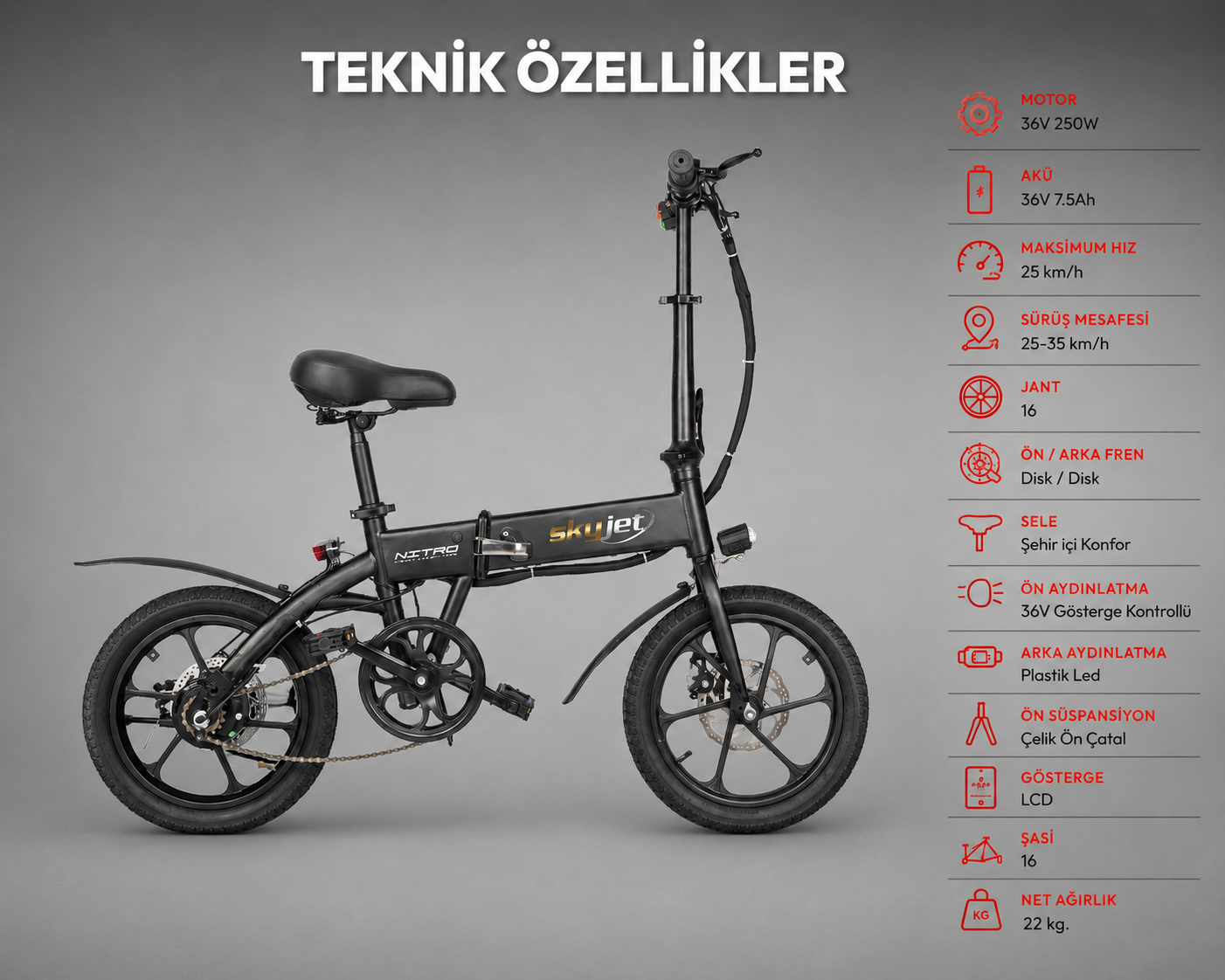 Motor, akü ve ağırlık gibi teknik detaylara sahip siyah katlanabilir elektrikli bisiklet.
