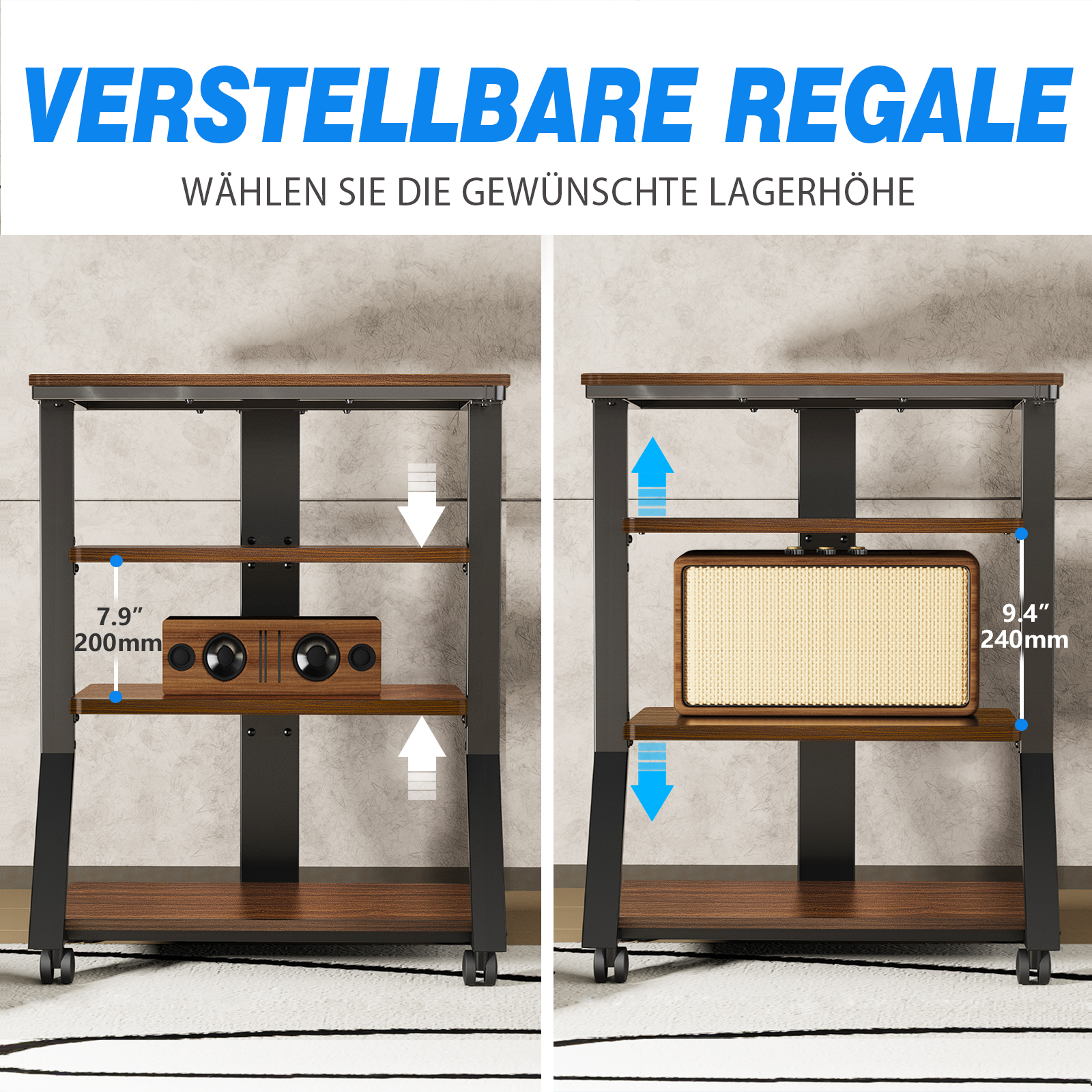 Verstellbare Regale mit Lautsprecher (links) und Radio (rechts).