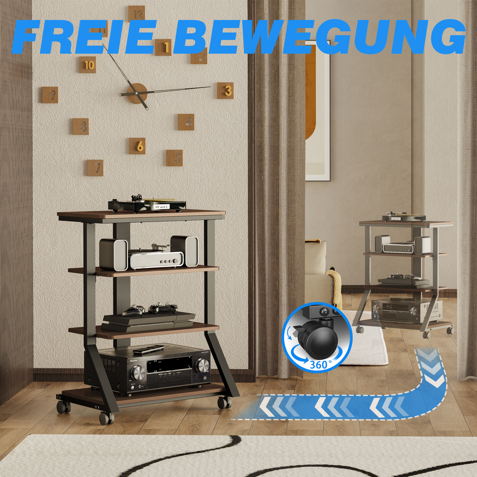 Ein Wagen mit Elektronik, drehbarem Rad und Uhr an der Wand.