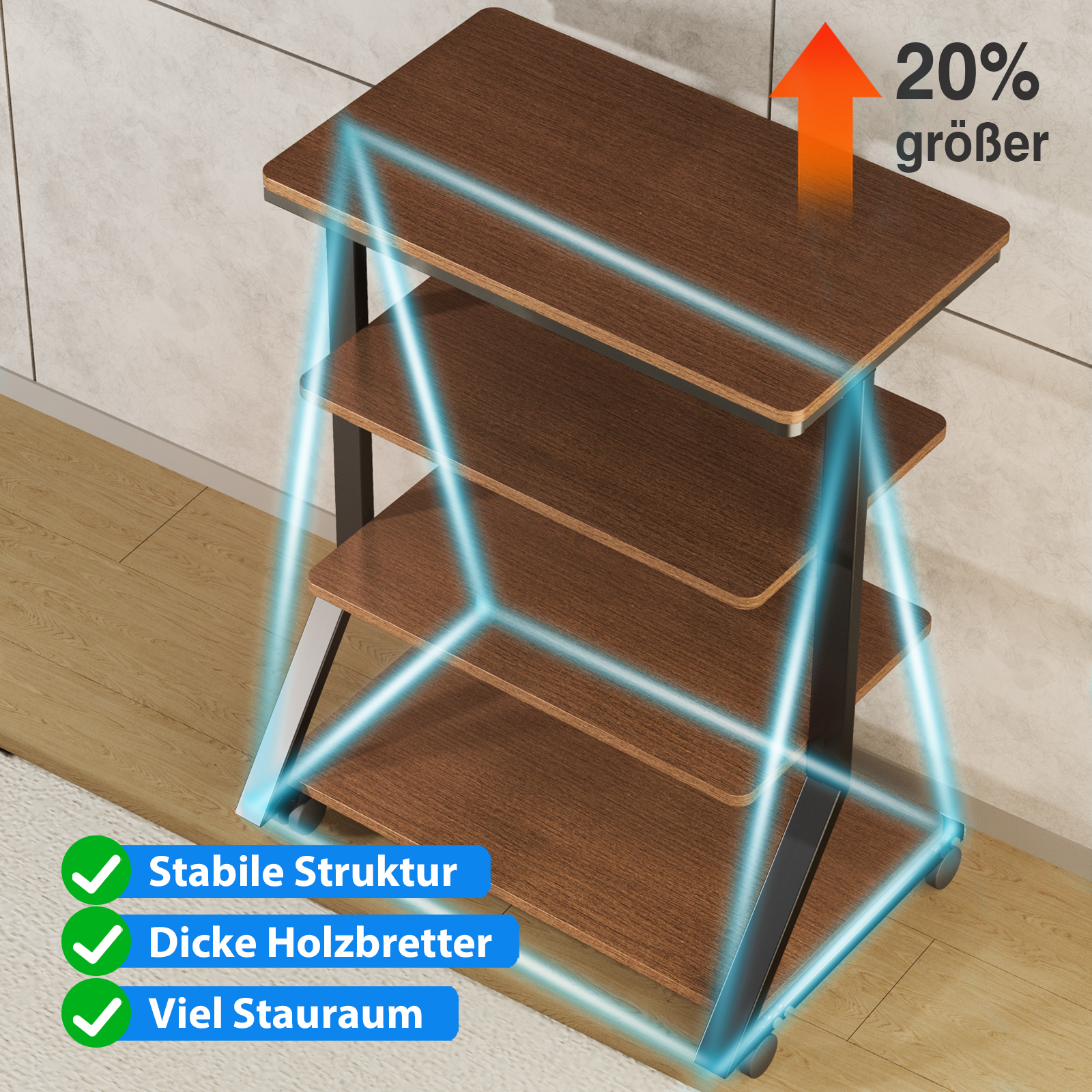 Ein braunes Regal mit drei Ebenen und blauen Lichtlinien. "20% größer".