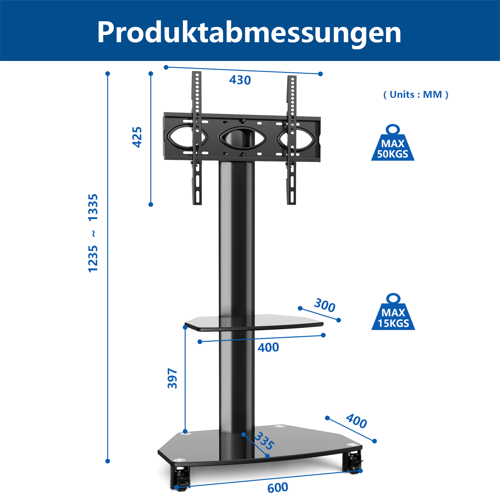 Schwarzer TV-Ständer mit Maßen: Höhe 1235-1335mm, Breite 430mm. Max. 50kg.