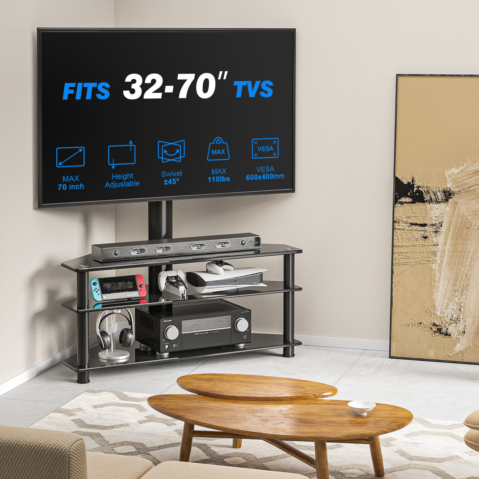 TV-Ständer mit TV, das Spezifikationen zeigt: passt für 32-70" TVs, max. 70", höhenverstellbar, ±45° schwenkbar, max. 110 lbs, VESA 600x400mm.