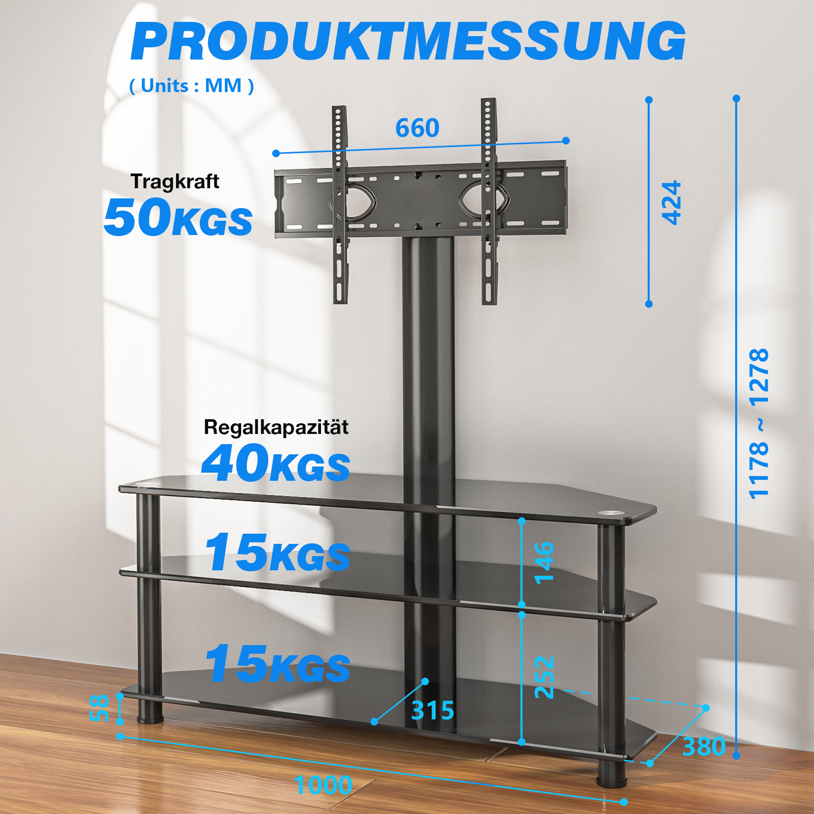 TV-Ständer mit Maßen: Tragkraft 50kg, Regal 40kg, 15kg, 15kg.