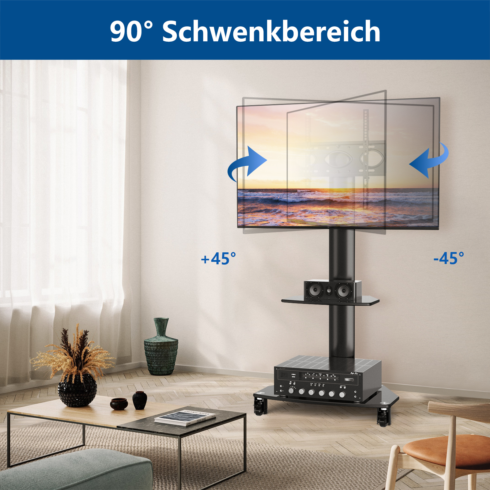 Schwarzer TV-Ständer mit schwenkbarem Bildschirm, zeigt Wohnzimmer-Deko.