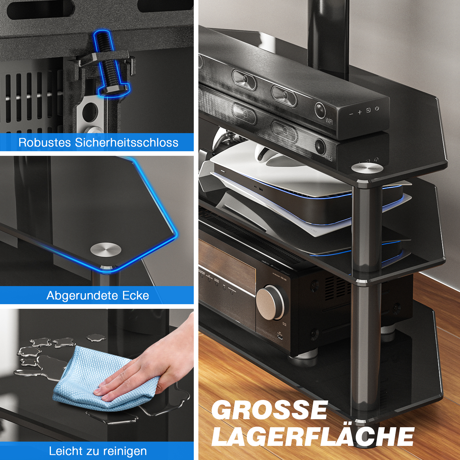 Ein schwarzes Glasregal mit Unterhaltungselektronik und einem Sicherheitsschloss-Detail.