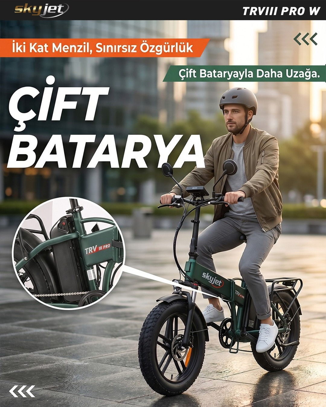 Erkek, çift bataryalı yeşil elektrikli bisiklet sürüyor