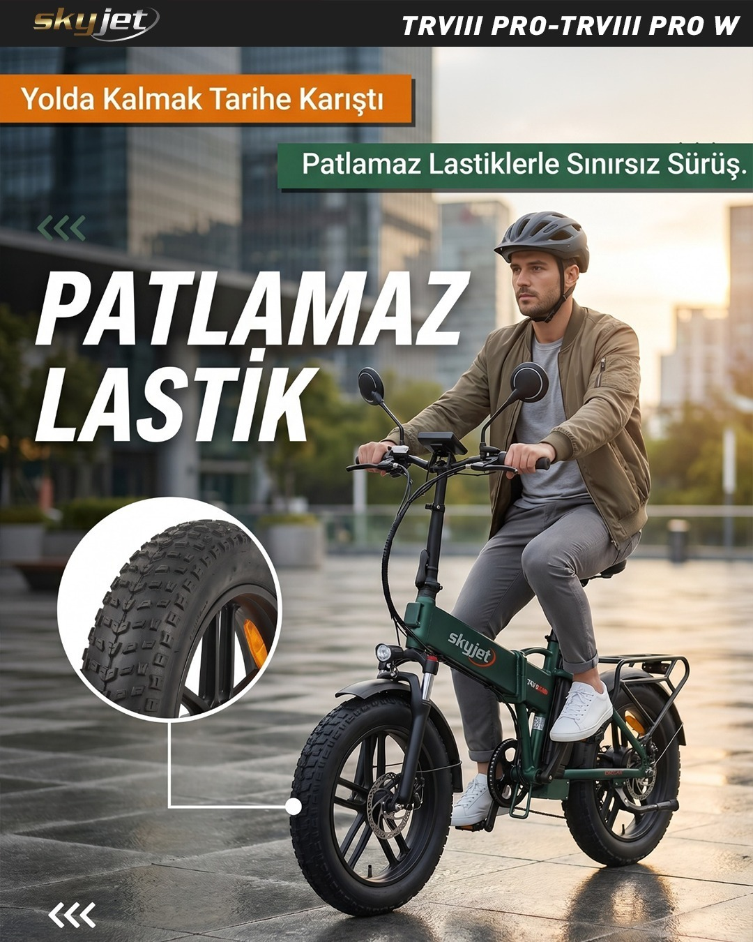 Erkek şehirde patlamaz lastikli yeşil Skyjet elektrikli bisiklet sürüyor.