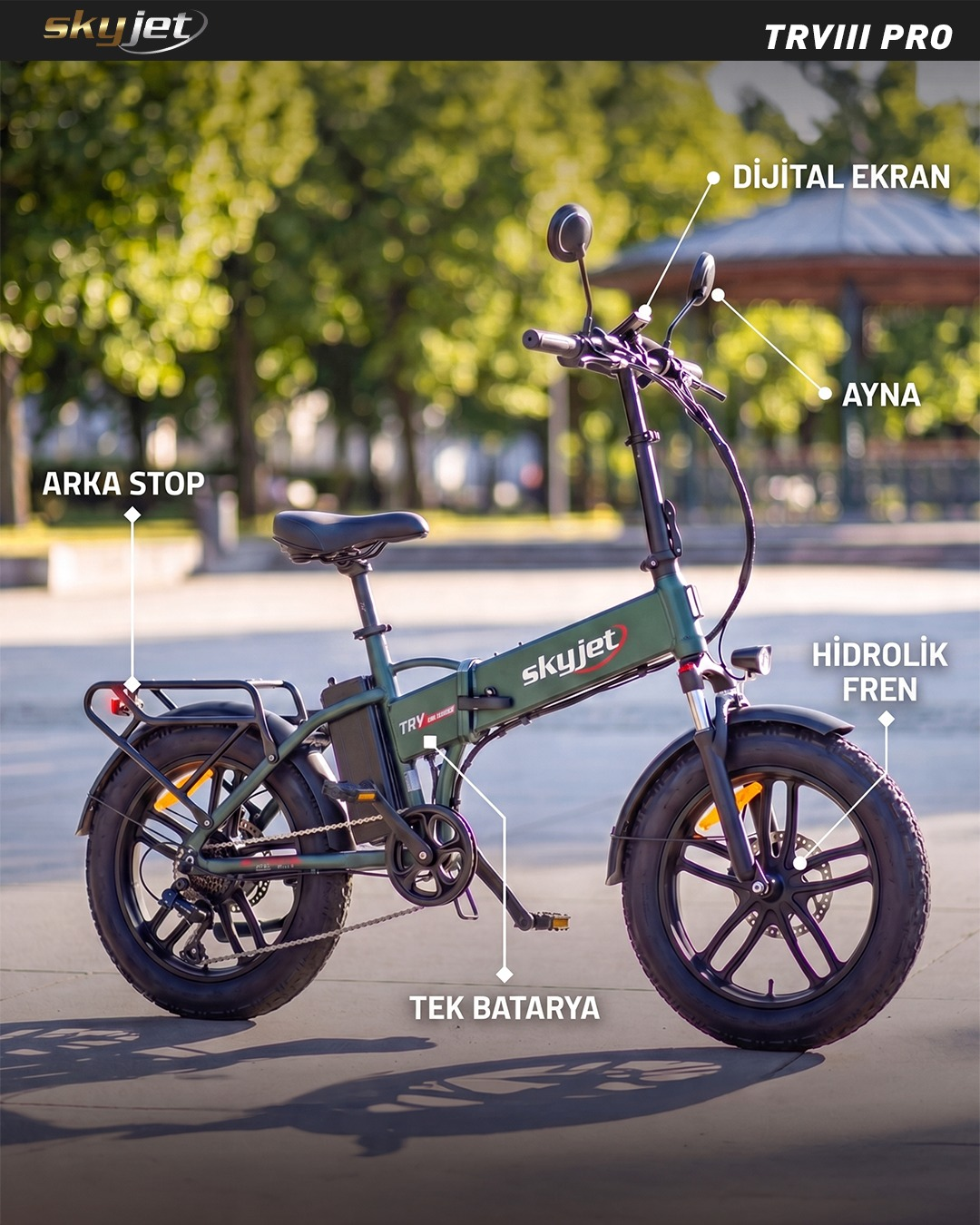 Arka bagajlı, dijital ekranlı, hidrolik frenli yeşil Skyjet elektrikli bisiklet.