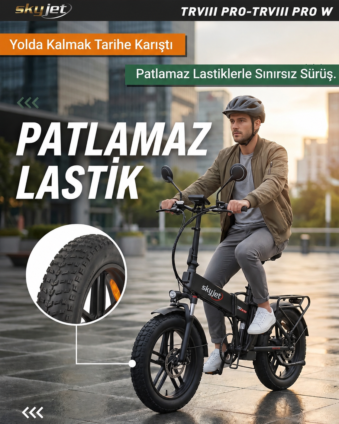 Bir adam şehirde kalın lastikli siyah Skyjet elektrikli bisiklet sürüyor.