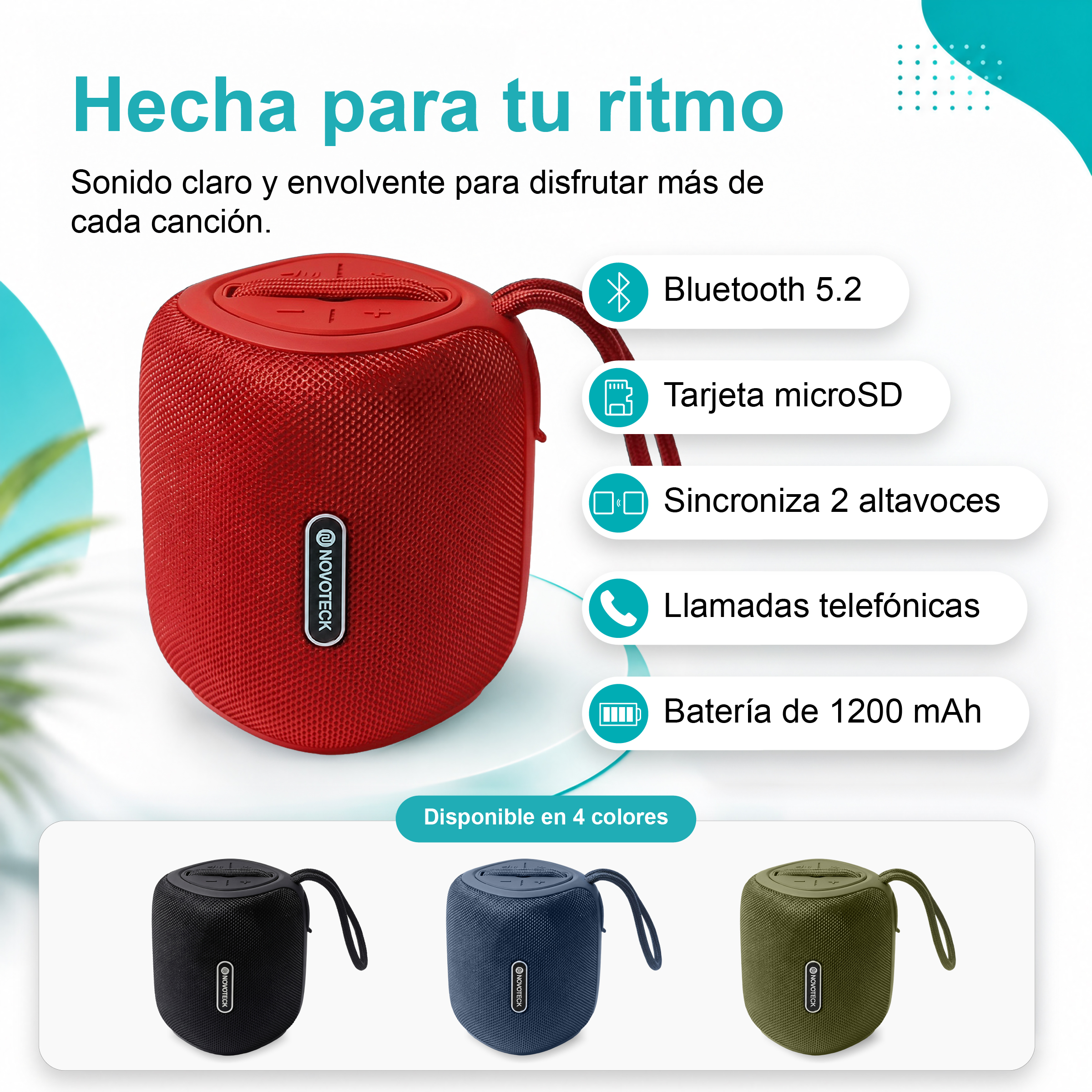 Altoparlante portatile rosso con Bluetooth 5.2, microSD, sincronizzazione stereo, vivavoce, batteria 1200mAh.