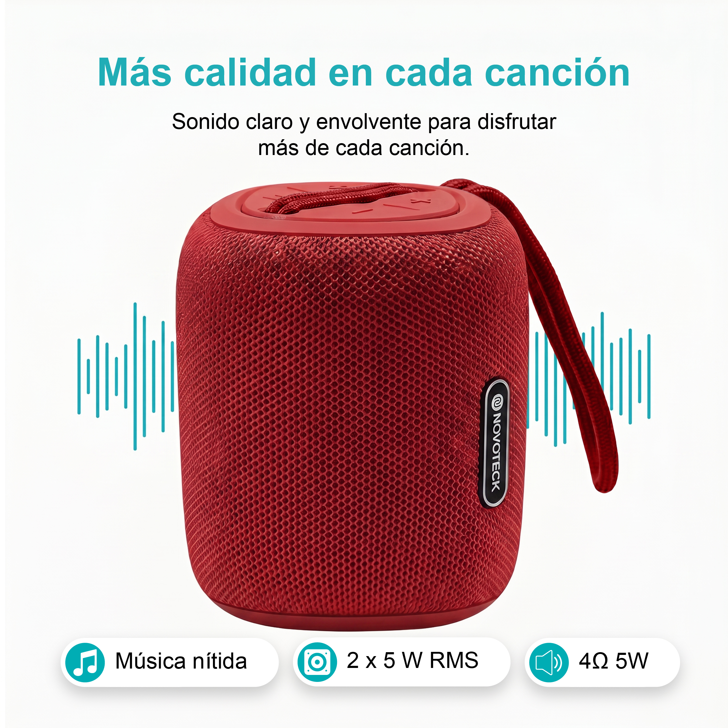 Altoparlante rosso con testo e icone per qualità musicale e potenza.