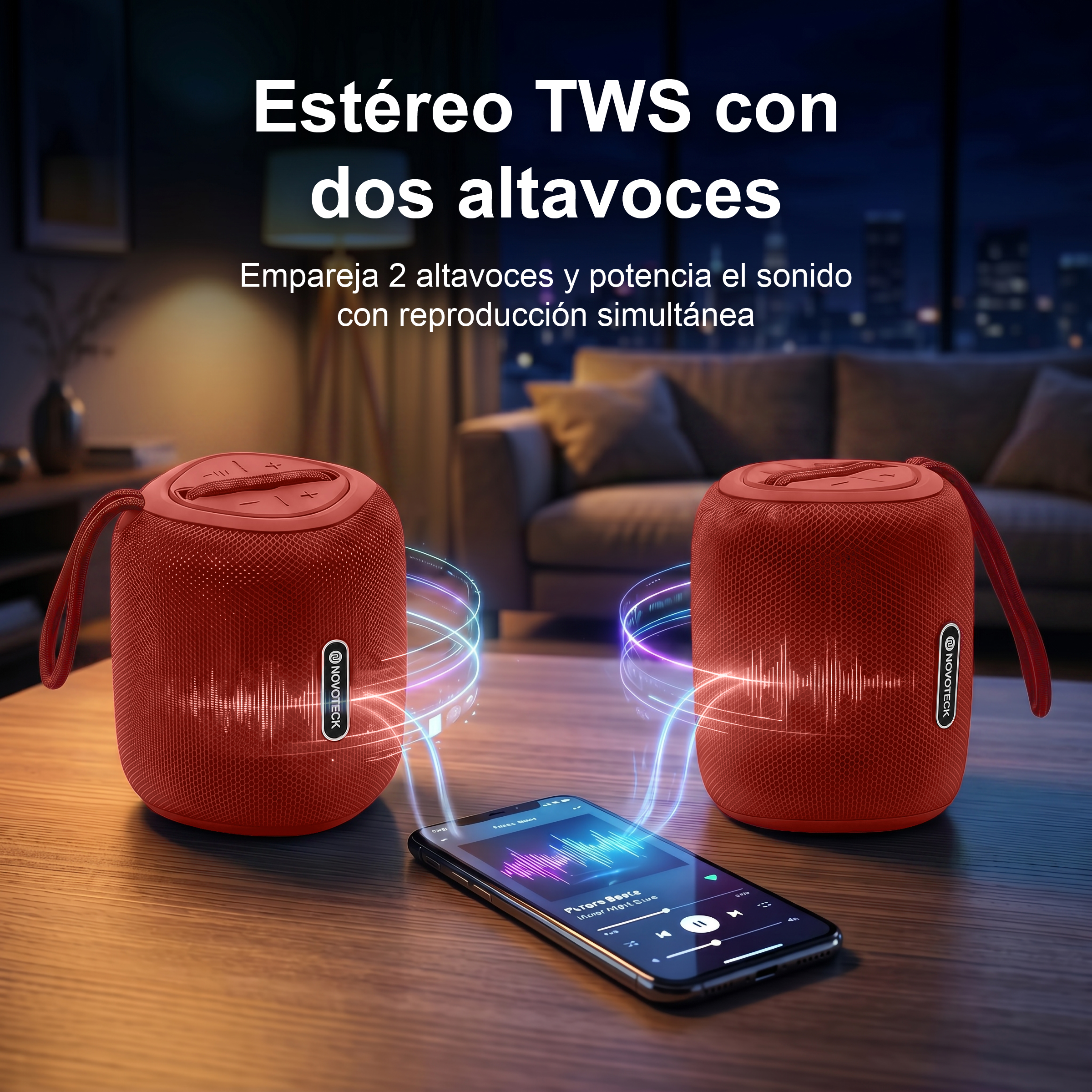 Due altoparlanti TWS rossi collegati a uno smartphone.