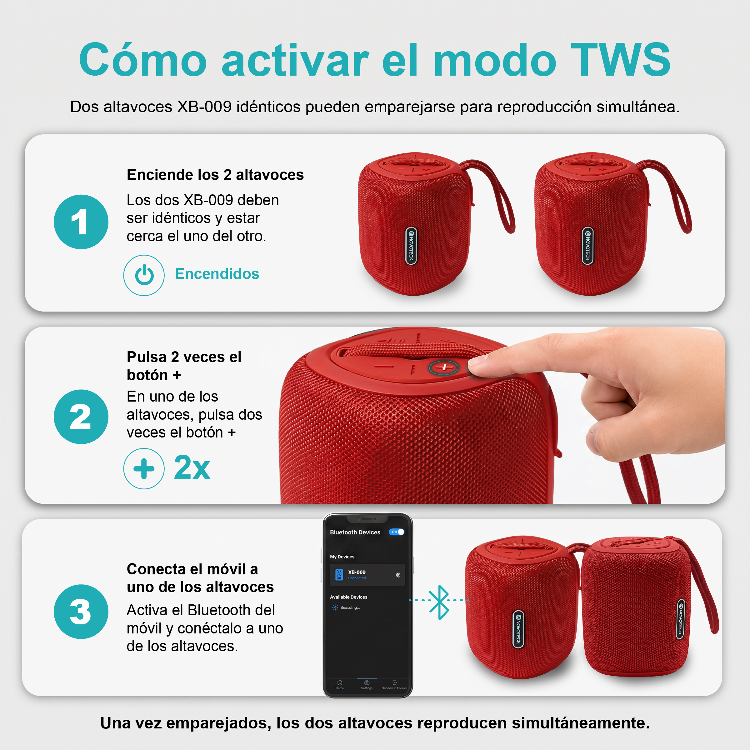 Guía paso a paso para activar el modo TWS de dos altavoces rojos.